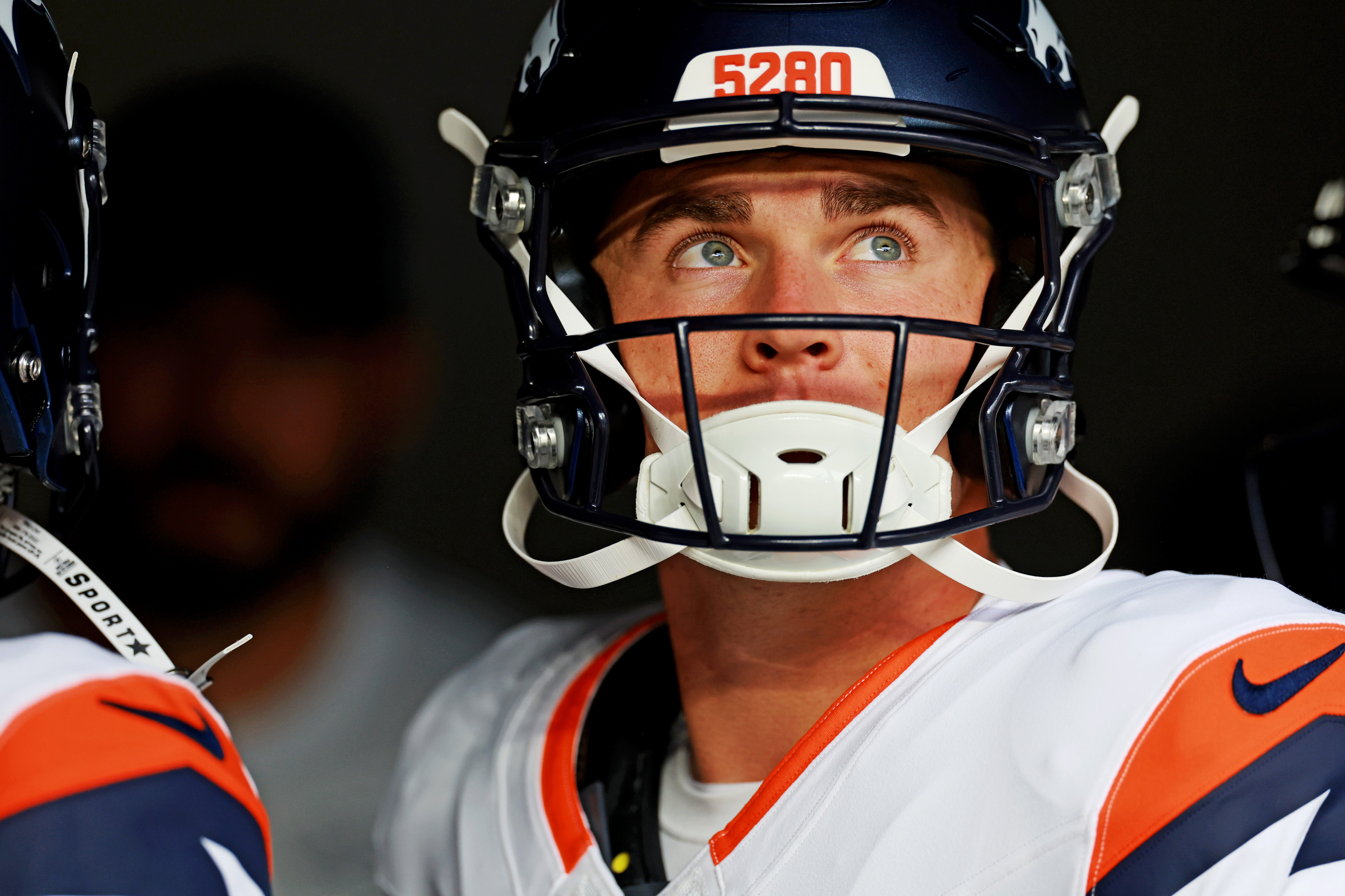 Sep 21, 2025; Inglewood, California, USA; Denver Broncos quarterback Bo Nix (10) warms up before the game against Los Angeles Chargers at SoFi Stadium.