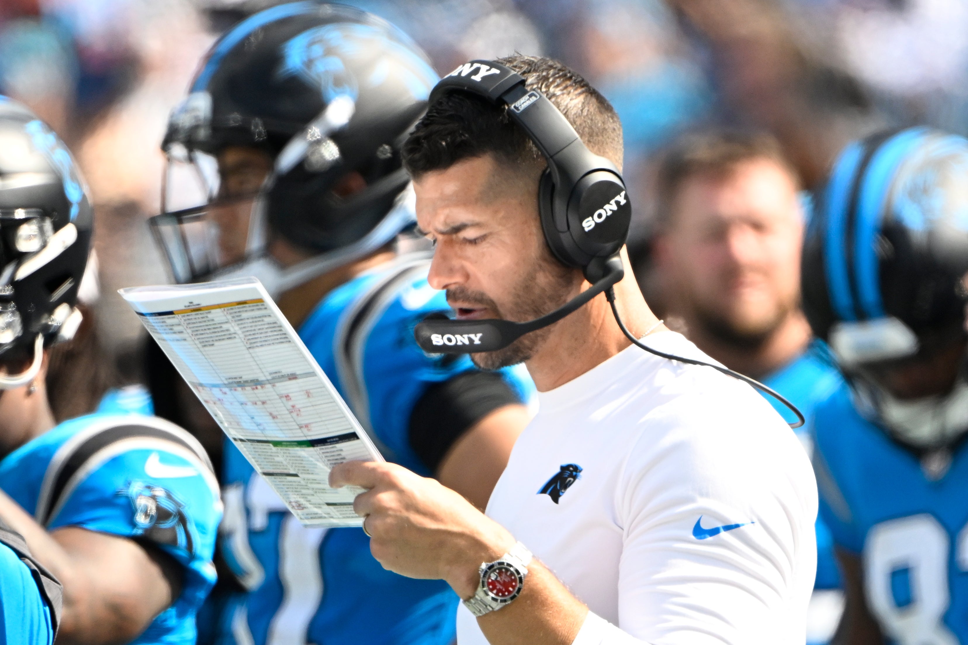 Sep 21, 2025; Charlotte, North Carolina, USA; Carolina Panthers head coach Dave Canales on the sidelines in the fourth quarter at Bank of America Stadium.