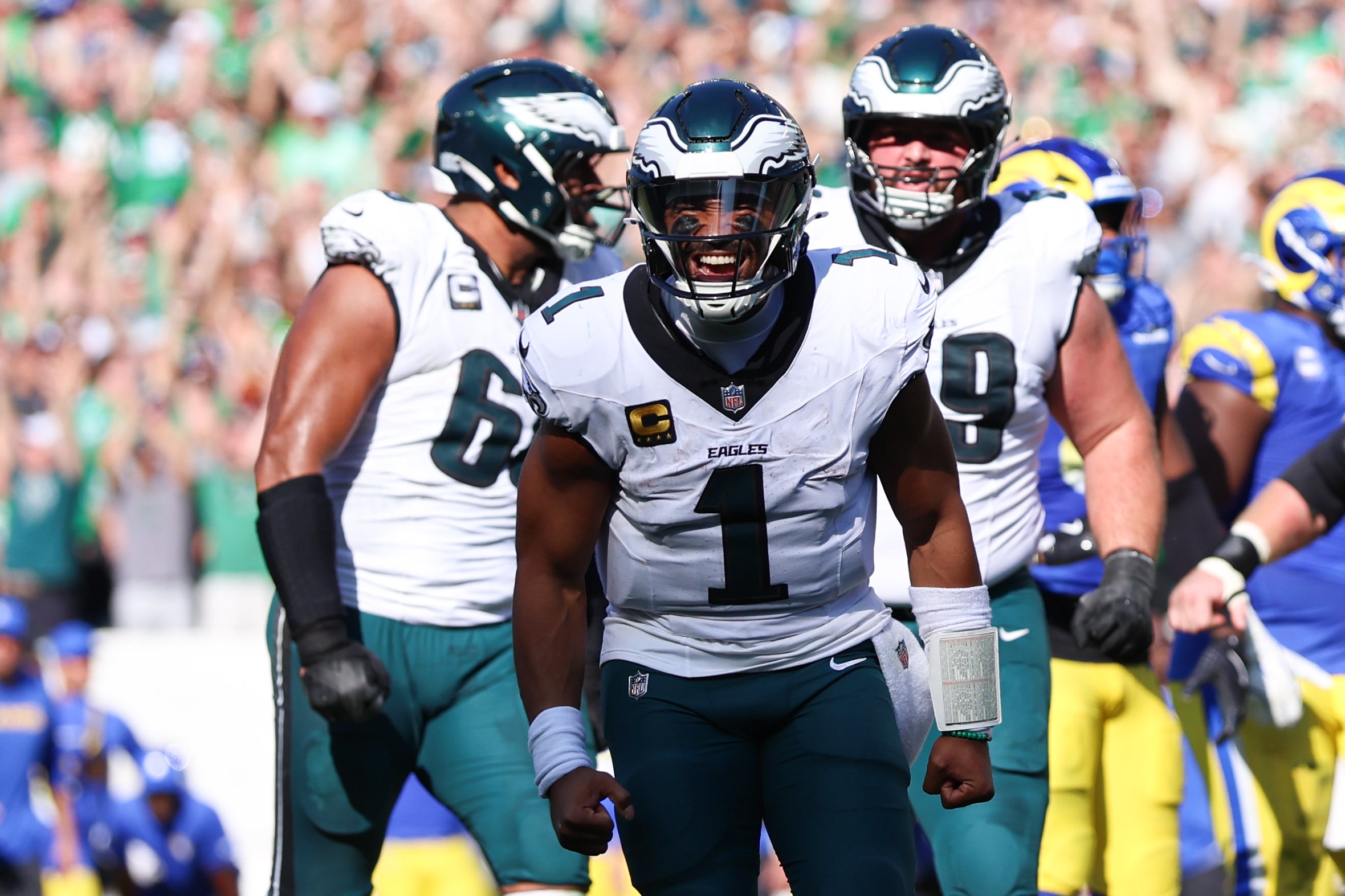 Philadelphia Eagles quarterback Jalen Hurts (1) reacts after a touchdown pass to wide receiver Devonta Smith (not pictured) during the fourth quarter against the Los Angeles Rams at Lincoln Financial.