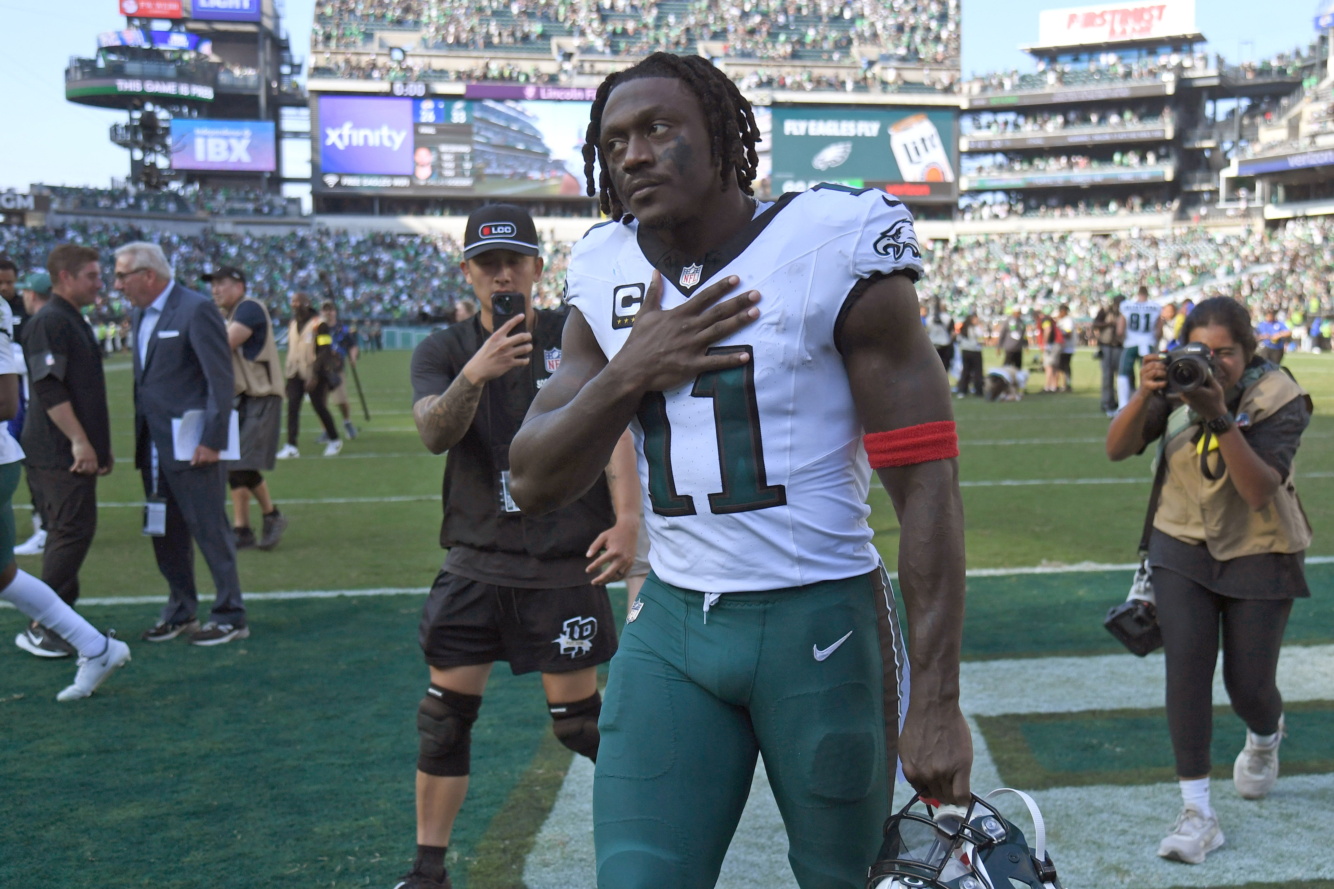 Philadelphia Eagles wide receiver AJ. Brown (11) walks off the field after win against the Los Angeles Rams at Lincoln Financial Field.