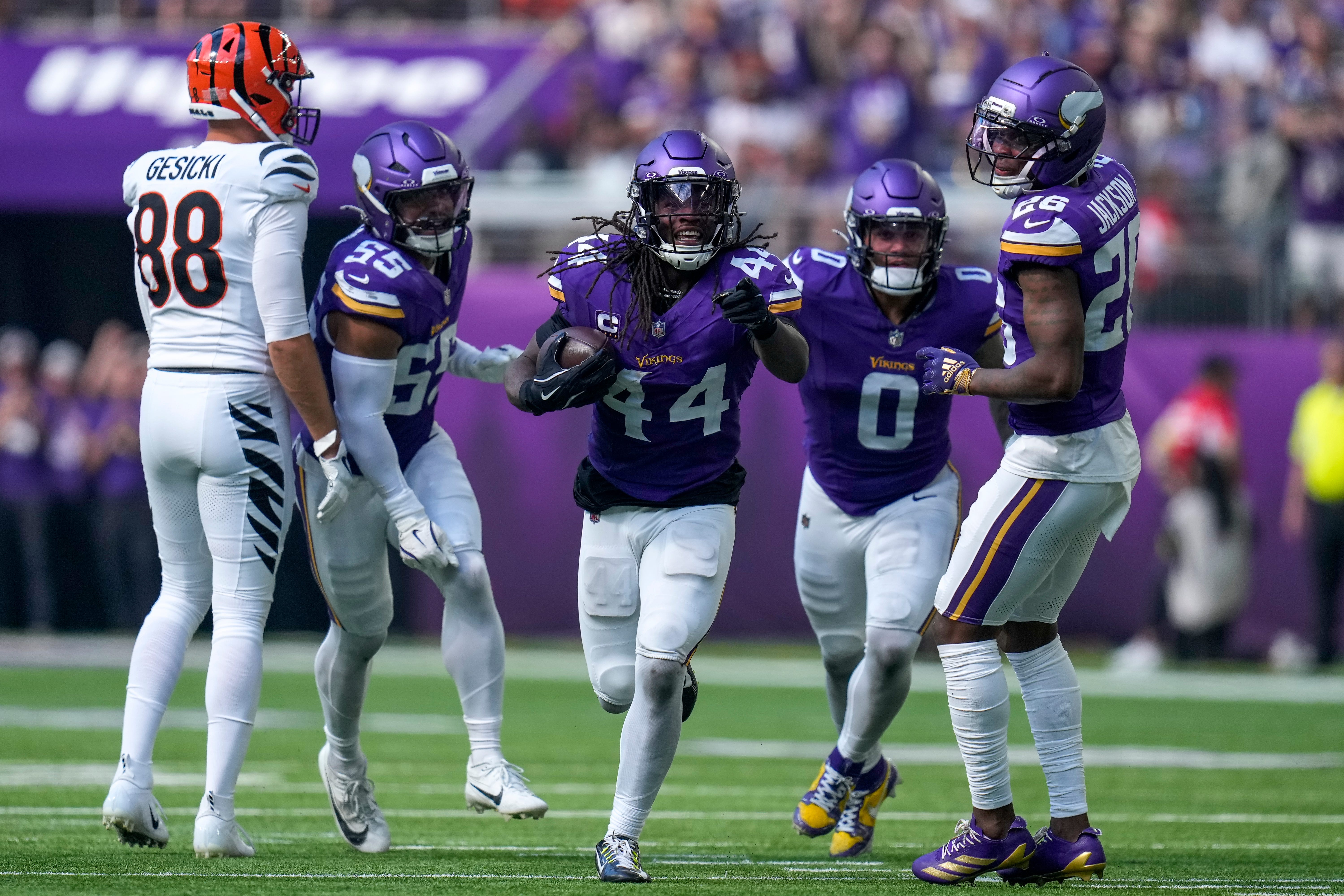 Minnesota Vikings safety Joshua Metellus (44) celebrates an interception in the third quarter of the NFL Week 3 game between the Minnesota Vikings and the Cincinnati Bengals at U.S. Bank Stadium in Minneapolis on Sunday, Sept. 21, 2025. The Vikings won, 48-10.