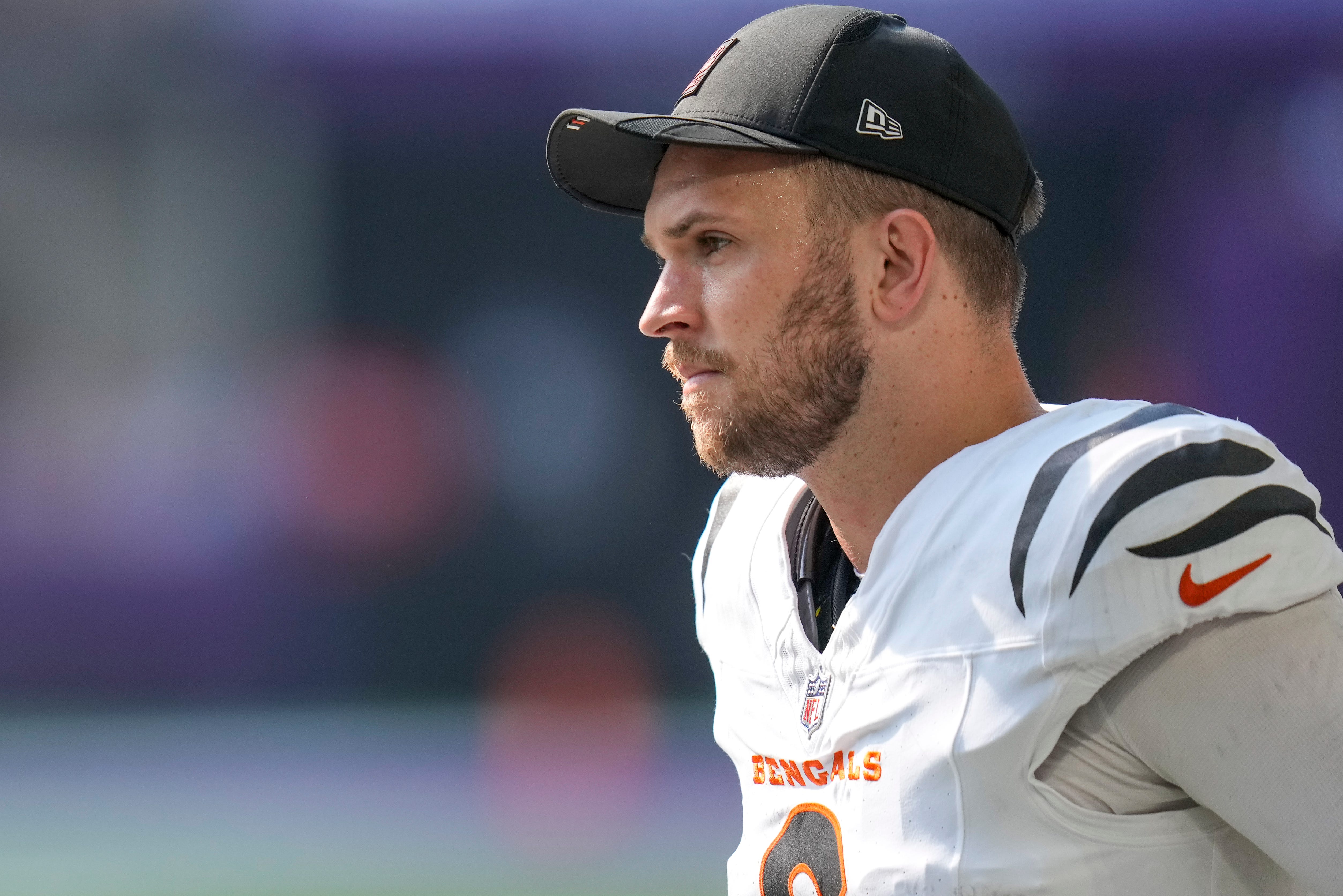 Cincinnati Bengals quarterback Jake Browning (6) watches from the sideline as quarterback Brett Rypien (11) takes over in the fourth quarter of the NFL Week 3 game between the Minnesota Vikings and the Cincinnati Bengals at U.S. Bank Stadium in Minneapolis on Sunday, Sept. 21, 2025. The Vikings won, 48-10.