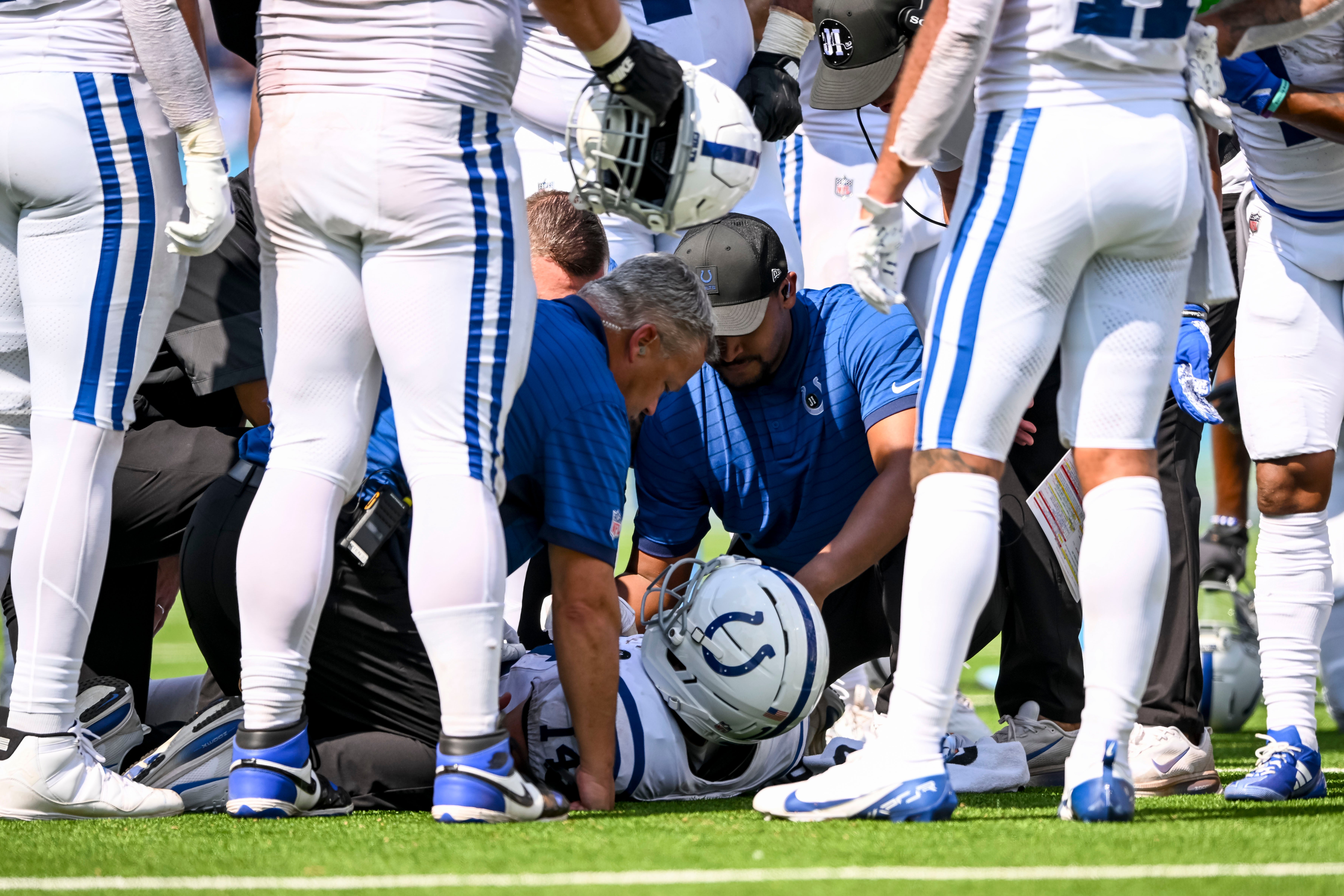 Colts WR Alec Pierce down on the field after an injury vs. the Titans