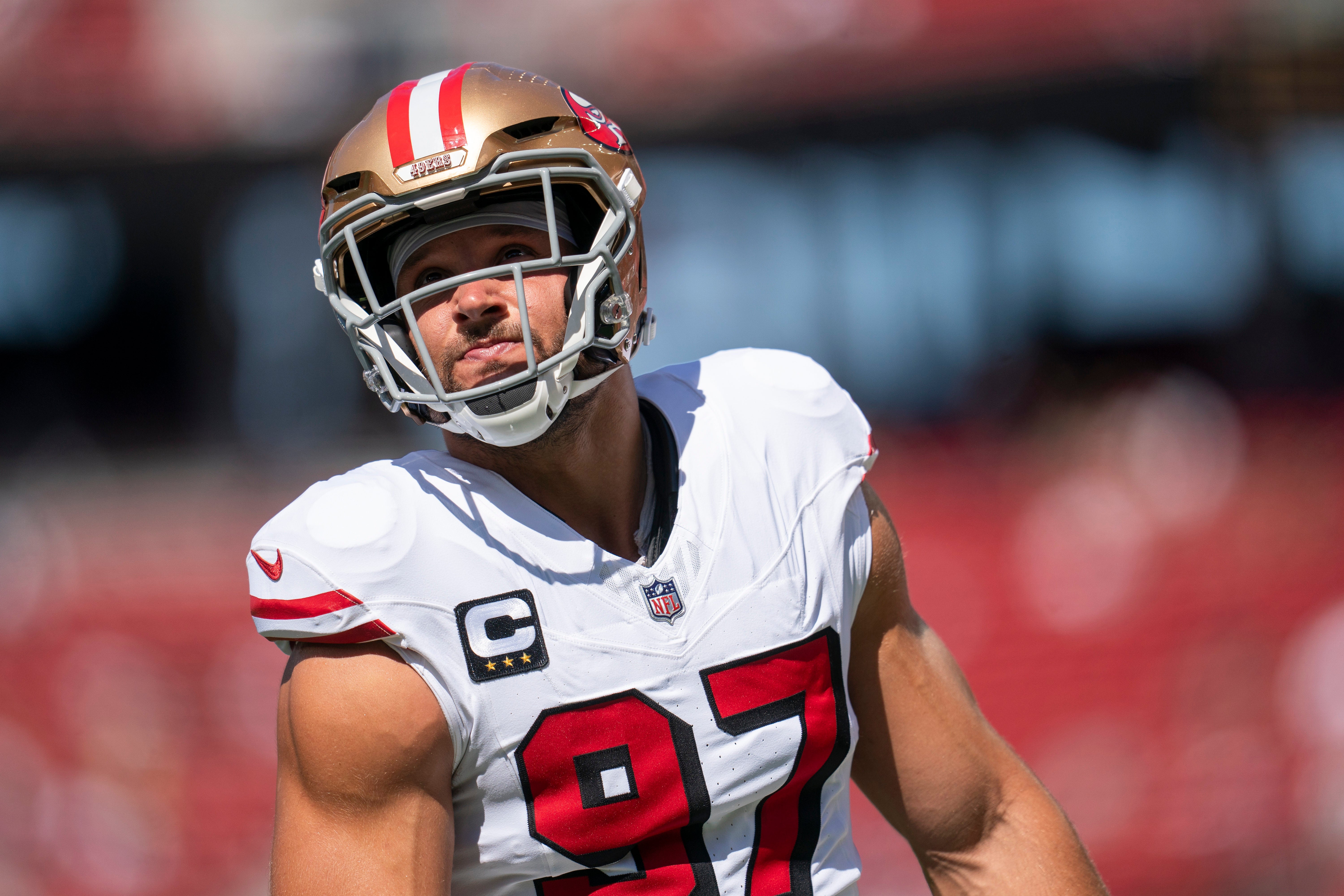 Sep 21, 2025; Santa Clara, California, USA; San Francisco 49ers defensive end Nick Bosa (97) on the field during warm ups prior to a game against the Arizona Cardinals during the first half at Levi's Stadium.