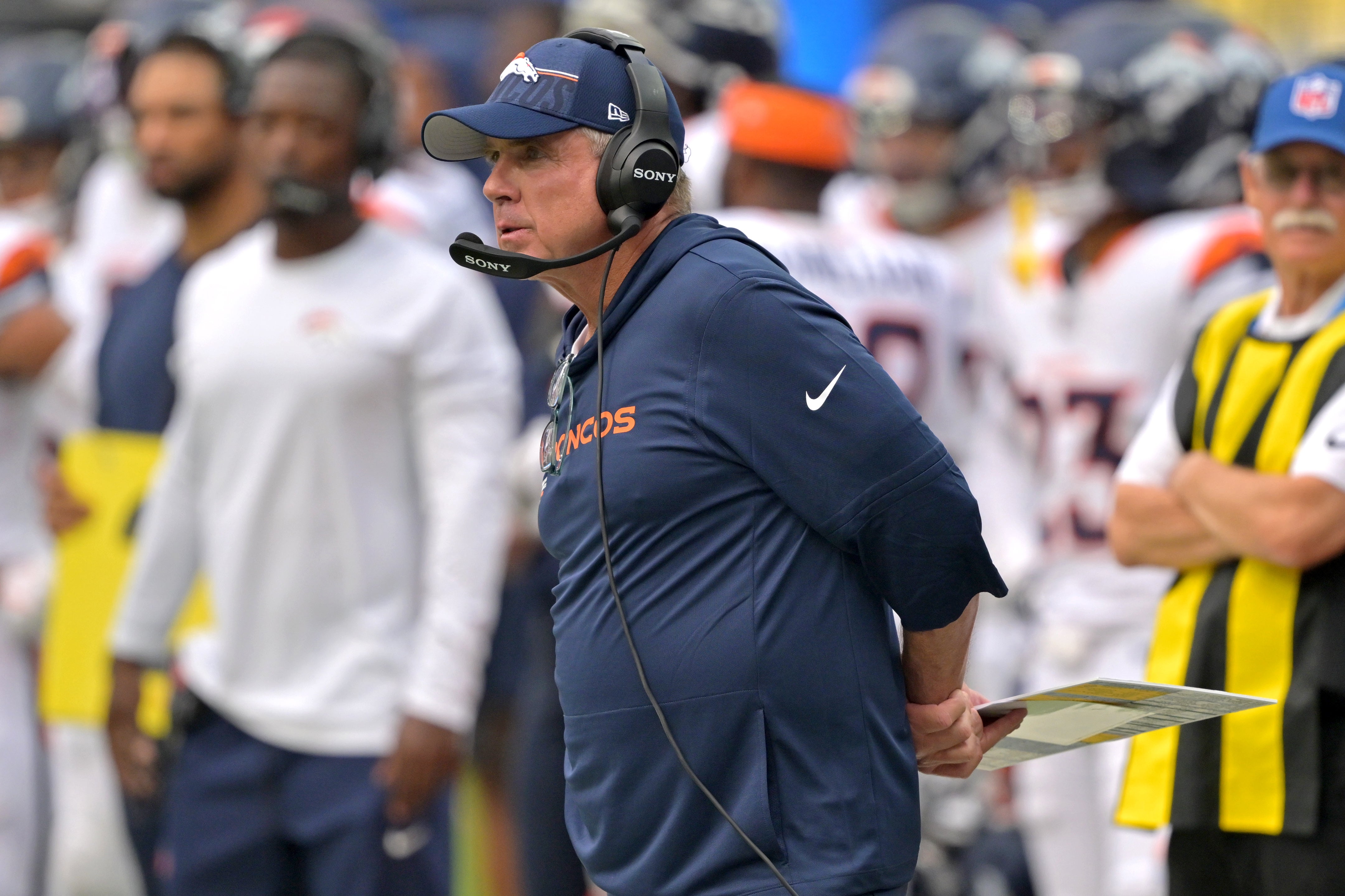 Sep 21, 2025; Inglewood, California, USA; Denver Broncos head coach Sean Payton in the first half against the Los Angeles Chargers at SoFi Stadium.