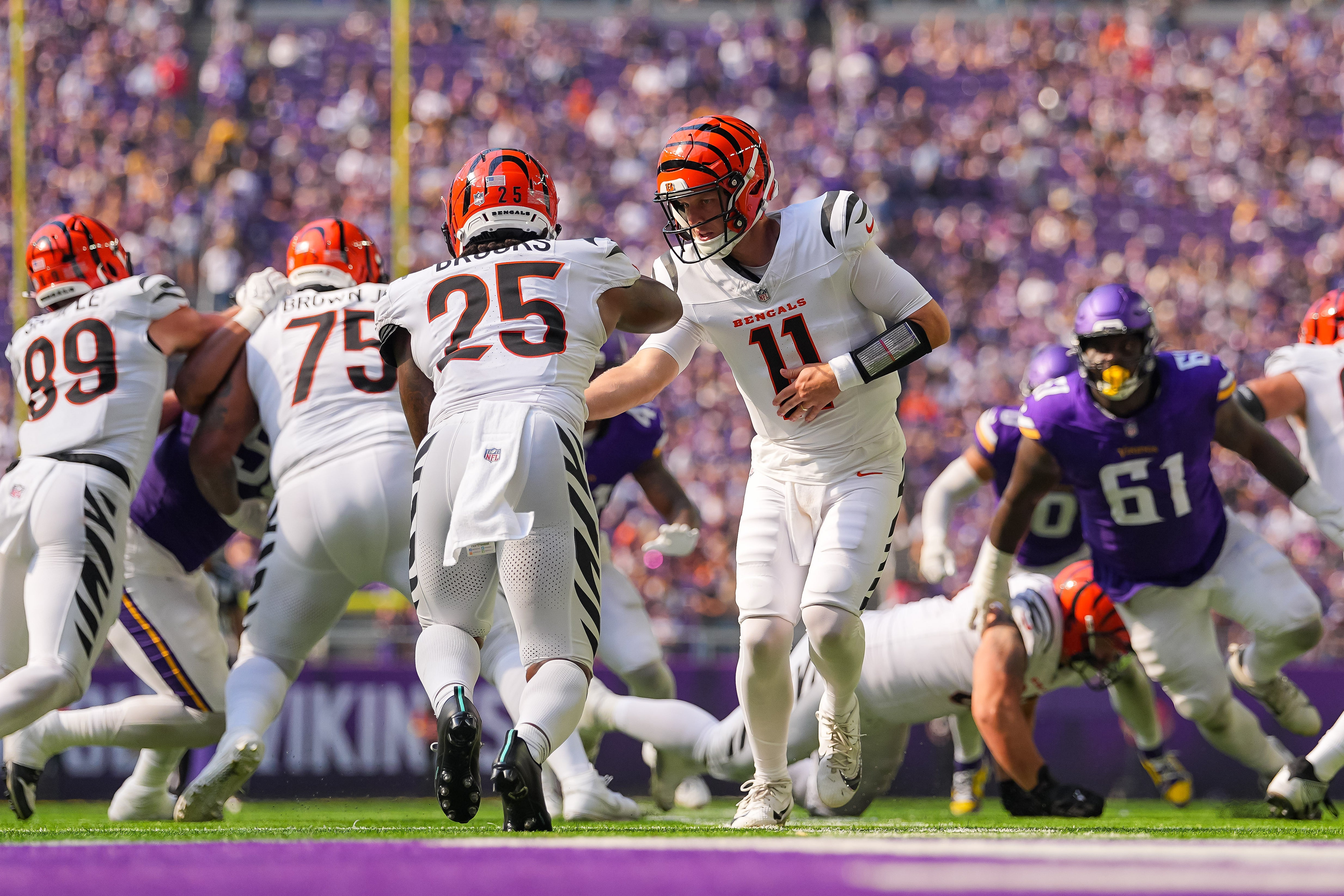 Sep 21, 2025; Minneapolis, Minnesota, USA; Cincinnati Bengals quarterback Brett Rypien (11) hands off to running back Tahj Brooks (25) against the Minnesota Vikings during the second half at U.S. Bank Stadium.