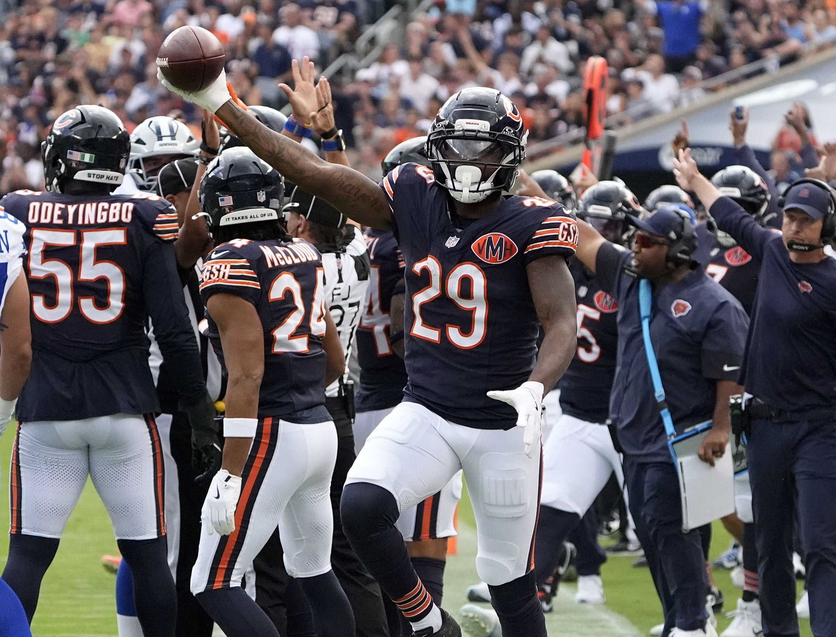 Sep 21, 2025; Chicago, Illinois, USA; Chicago Bears cornerback Tyrique Stevenson (29) reacts after a turnover against the Dallas Cowboys during the first half at Soldier Field.