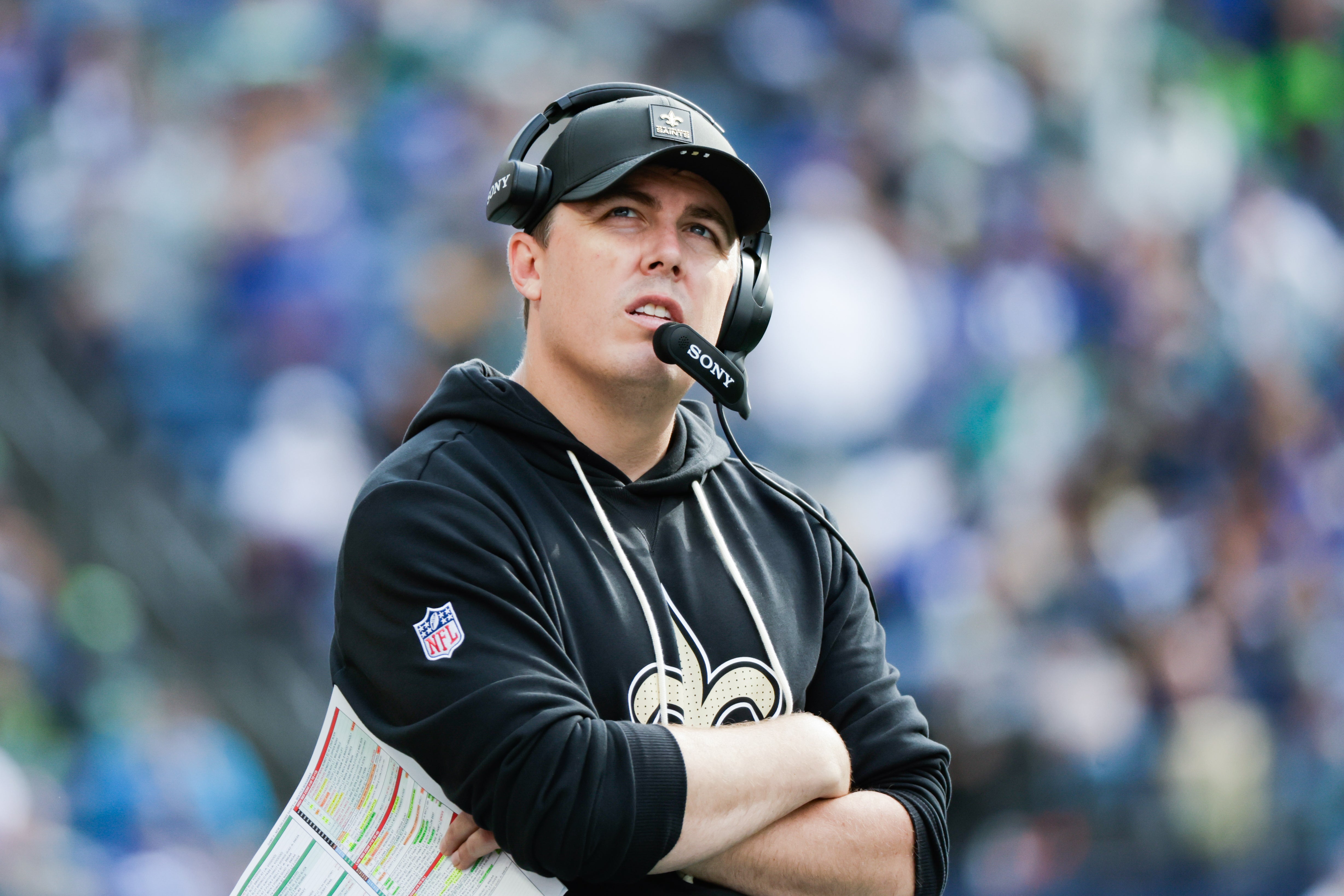 Sep 21, 2025; Seattle, Washington, USA; New Orleans Saints head coach Kellen Moore looks on during the second half against the Seattle Seahawks at Lumen Field. Mandatory Credit: Joe Nicholson-Imagn Images