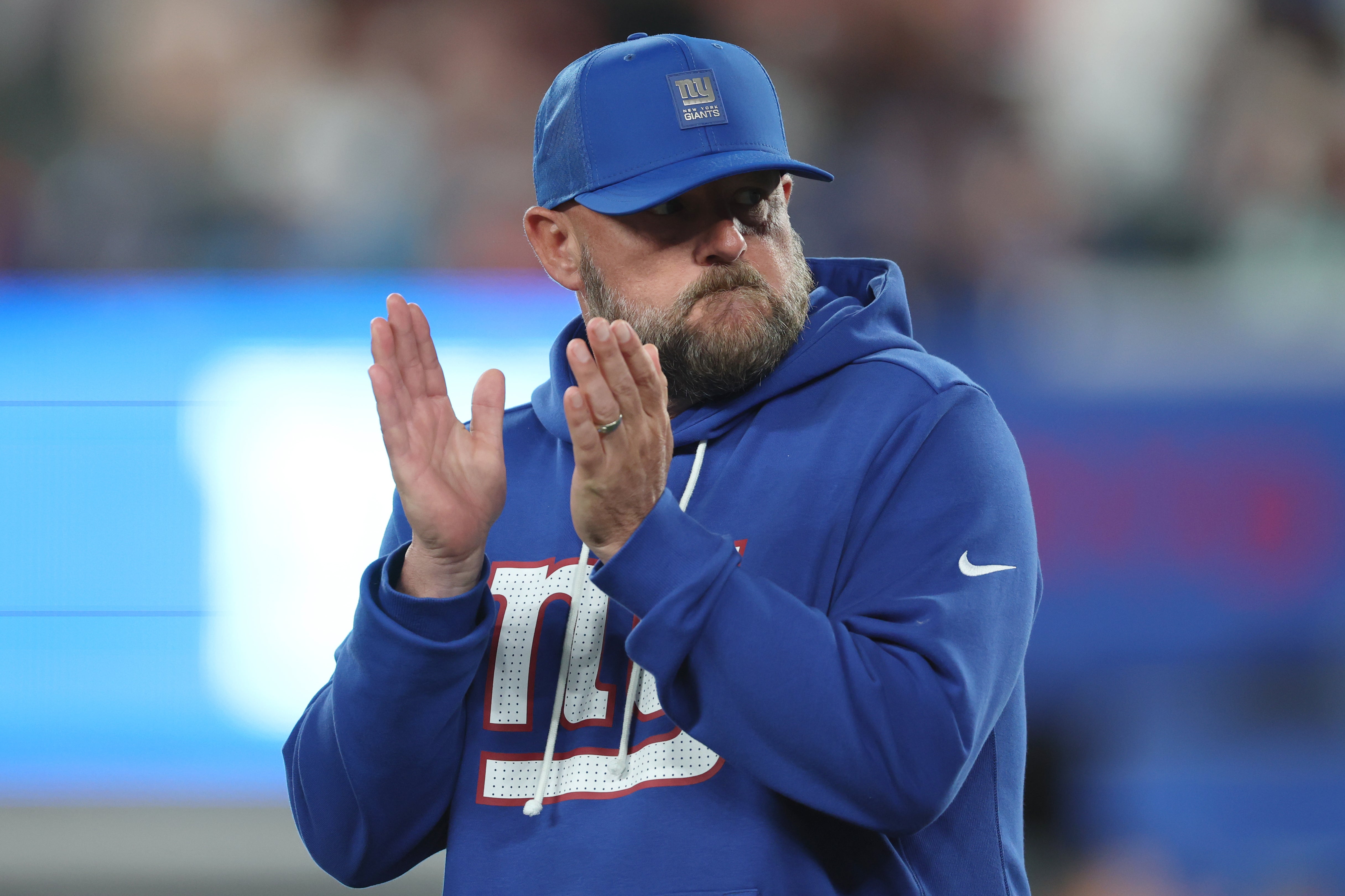 Sep 21, 2025; East Rutherford, New Jersey, USA; New York Giants head coach Brian Daboll reacts before the game against the Kansas City Chiefs at MetLife Stadium.