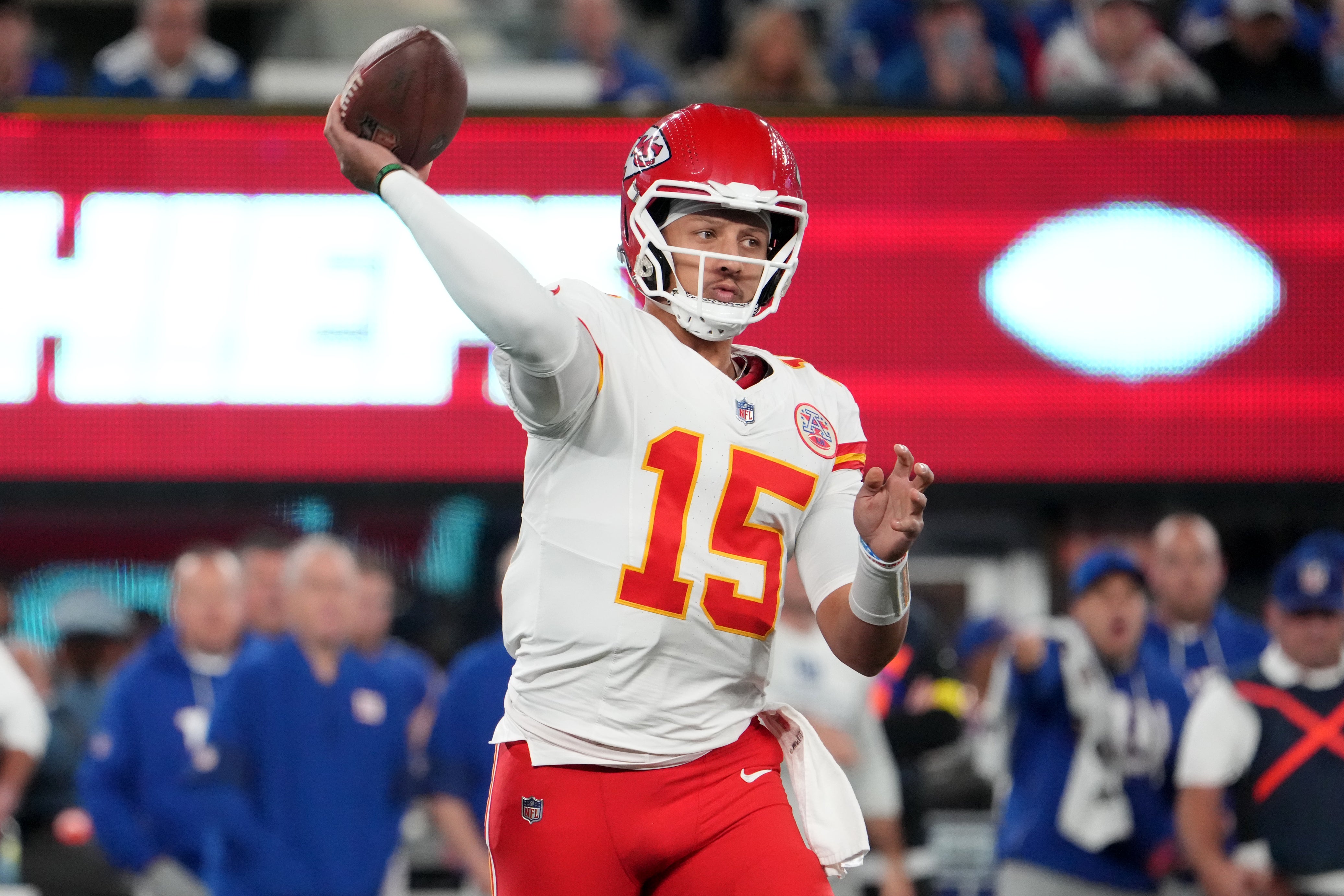 Kansas City Chiefs quarterback Patrick Mahomes (15) passes against the New York Giants in the first quarter at MetLife Stadium.