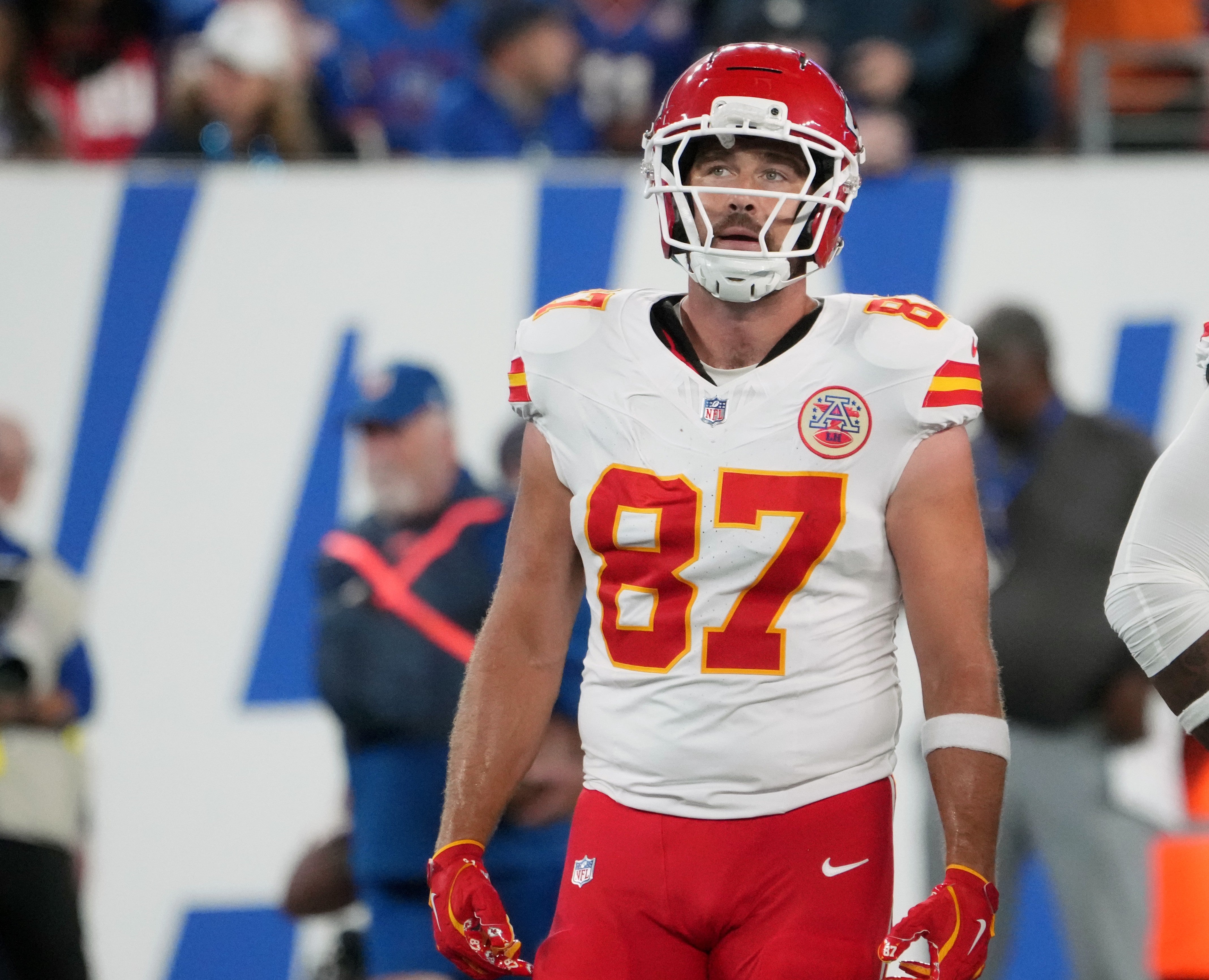 Kansas City Chiefs tight end Travis Kelce (87) looks on in the first quarter against the New York Giants at MetLife Stadium.