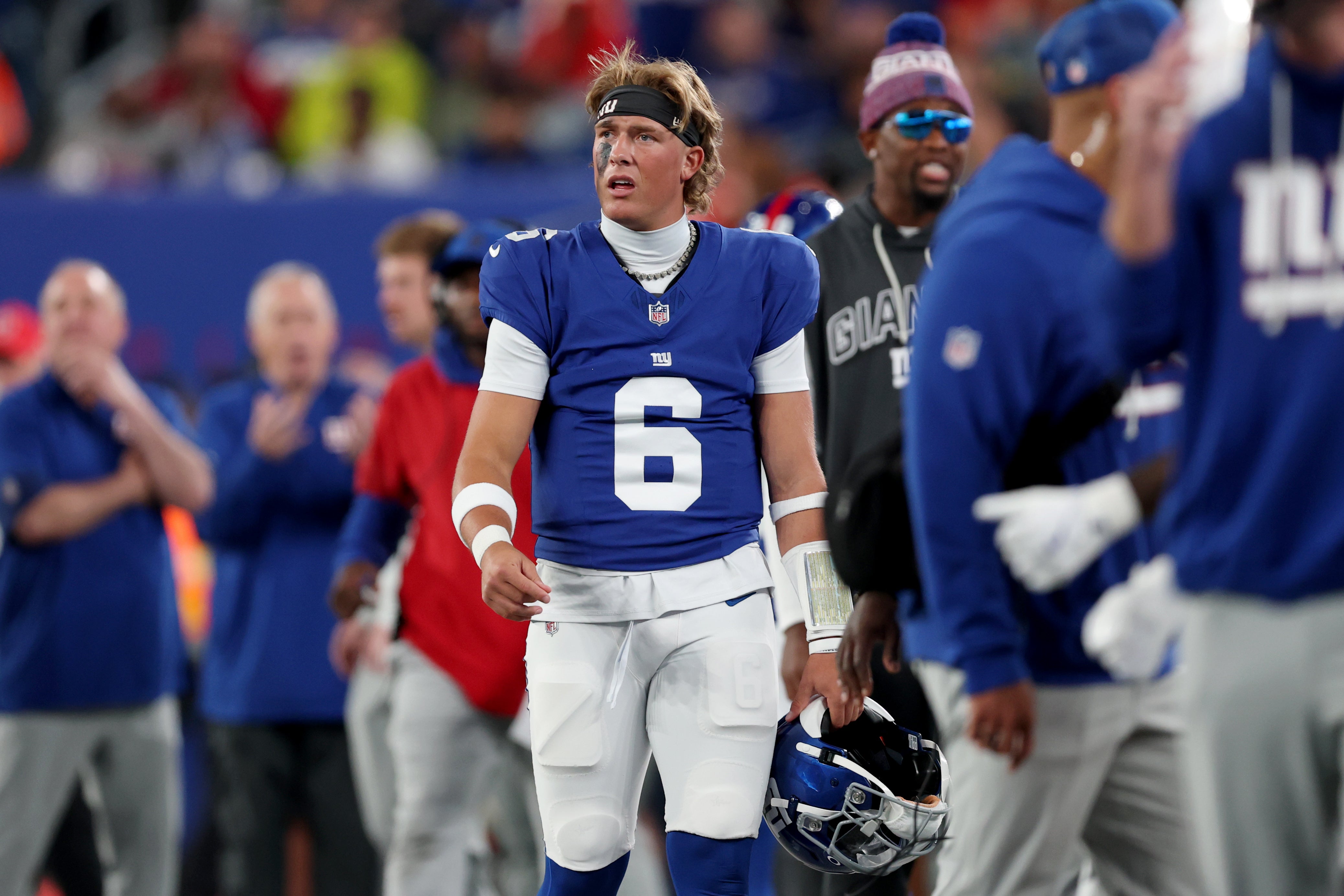 Sep 21, 2025; East Rutherford, New Jersey, USA; New York Giants quarterback Jaxson Dart (6) reacts in the second quarter against the Kansas City Chiefs at MetLife Stadium.