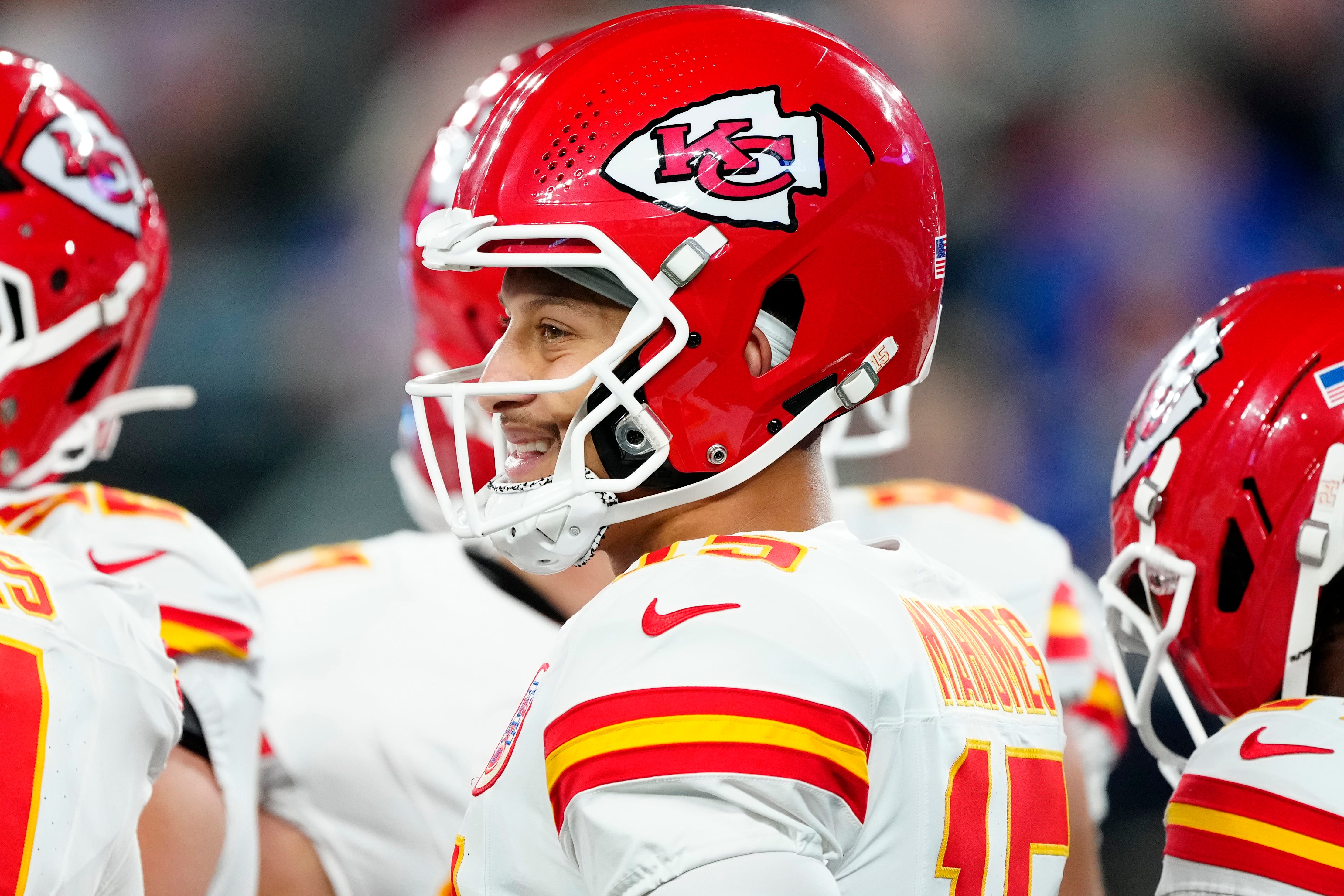 Kansas City Chiefs quarterback Patrick Mahomes (15) and his teammates are shown during the first half, Sunday, September 21, 2025.