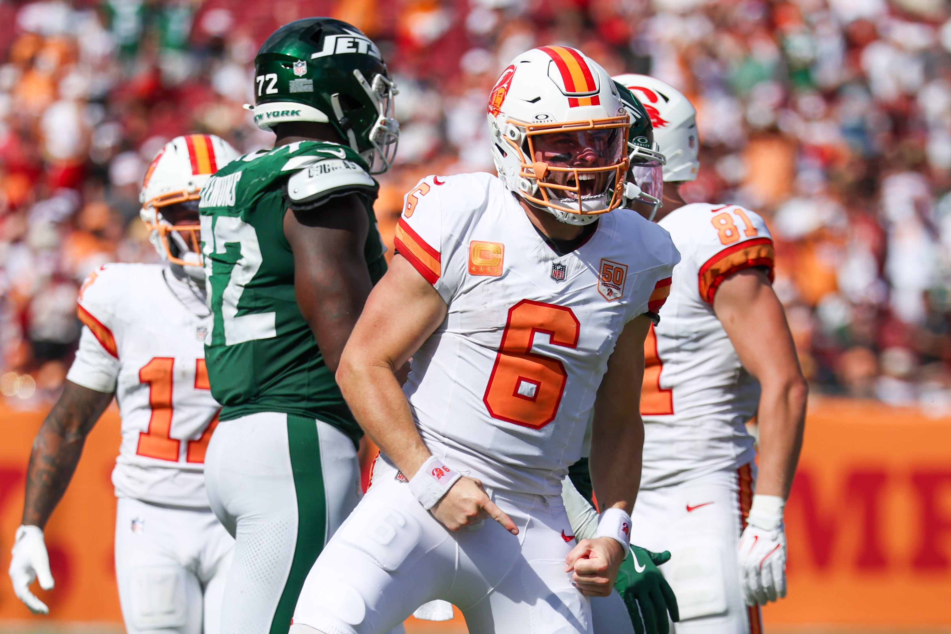 Sep 21, 2025; Tampa, Florida, USA; Tampa Bay Buccaneers quarterback Baker Mayfield (6) reacts after a ply against the New York Jets in the fourth quarter at Raymond James Stadium.
