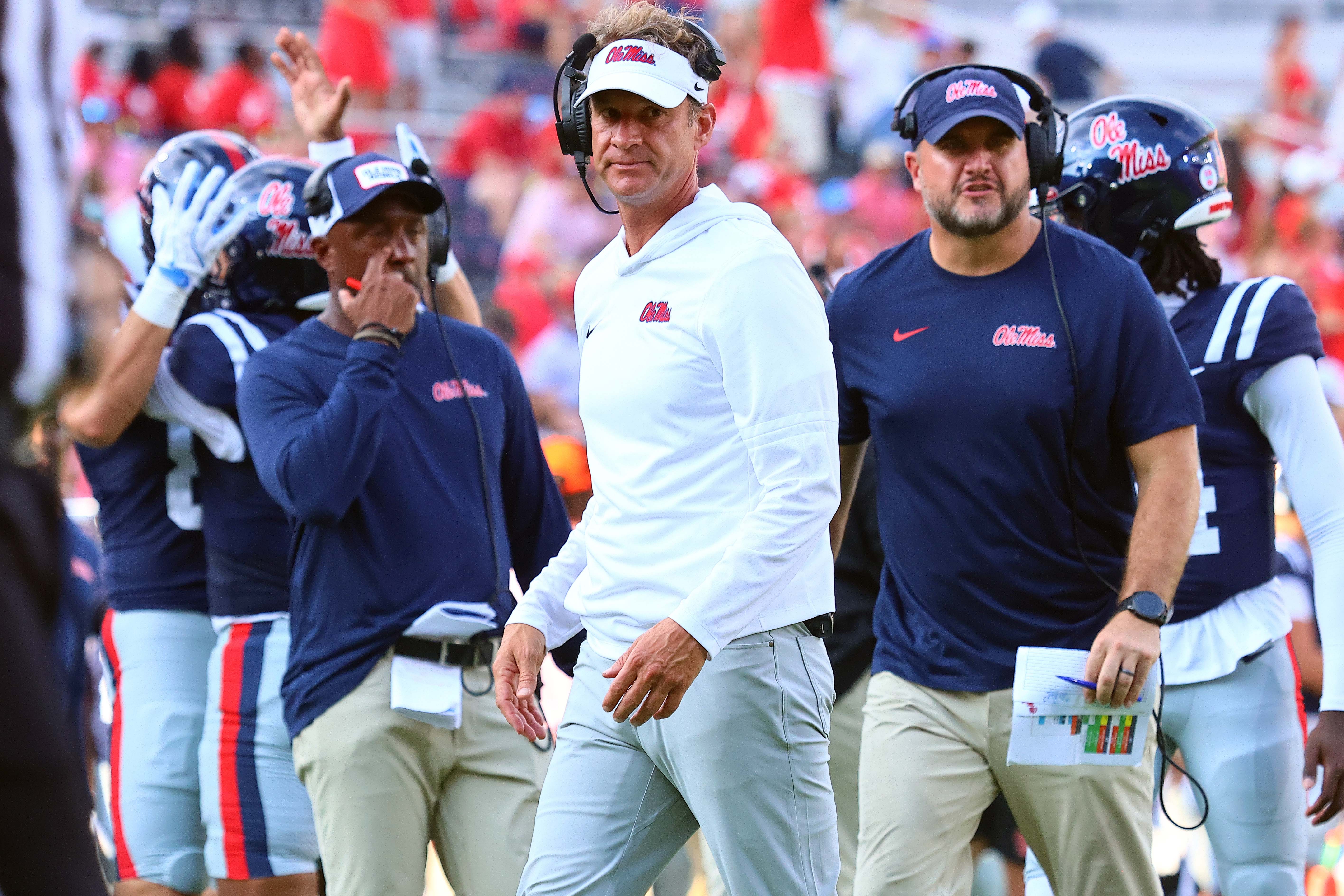 Sep 20, 2025; Oxford, Mississippi, USA; Mississippi Rebels head coach Lane Kiffin looks on during the fourth quarter against the Tulane Green Wave at Vaught-Hemingway Stadium.