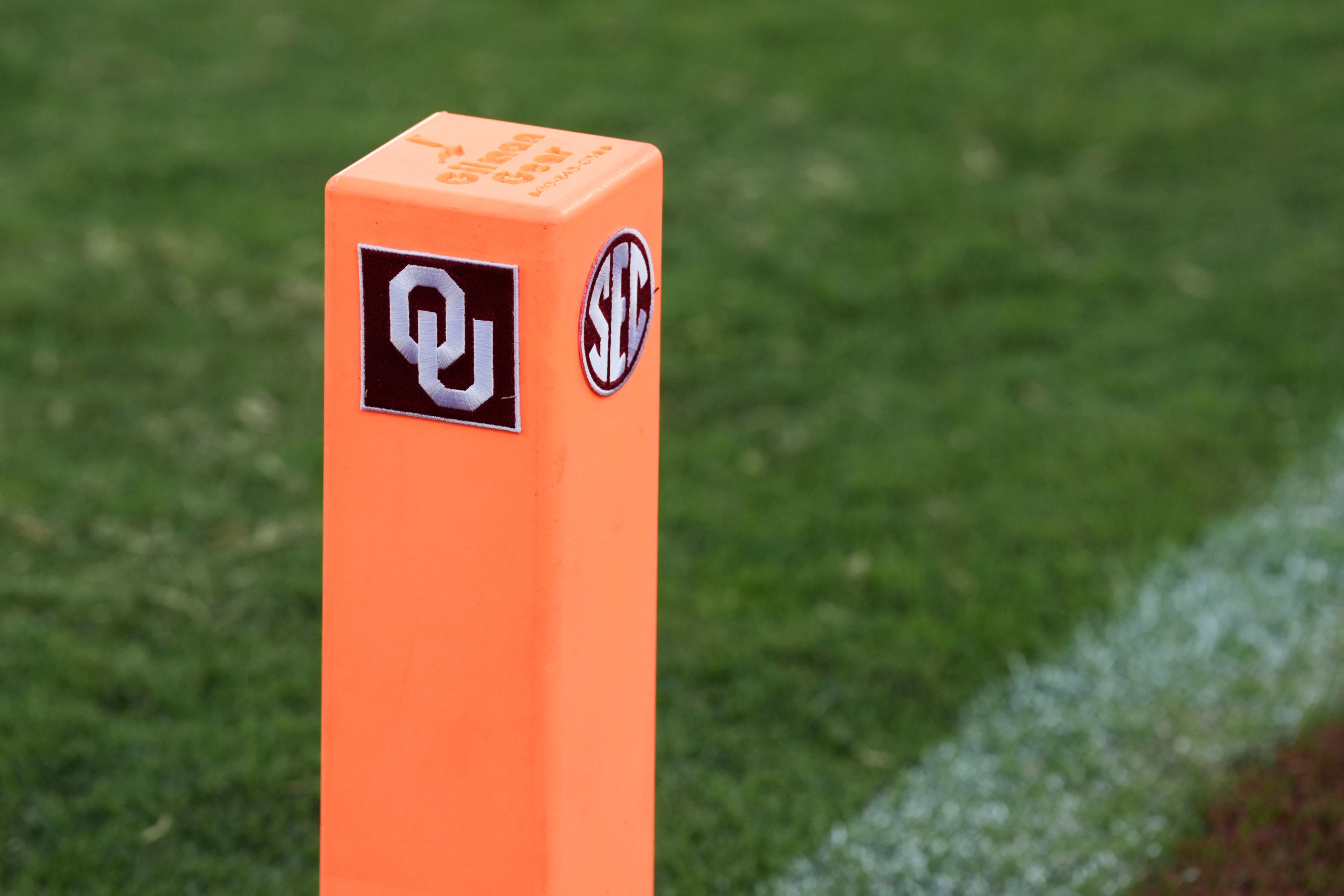 AN end zone plyon with the SEC logo on it is pictured during a college football game between the University of Oklahoma Sooners (OU) and the Houston Cougars at Gaylord Family – Oklahoma Memorial Stadium in Norman, Okla., Saturday, Sept. 7, 2024.