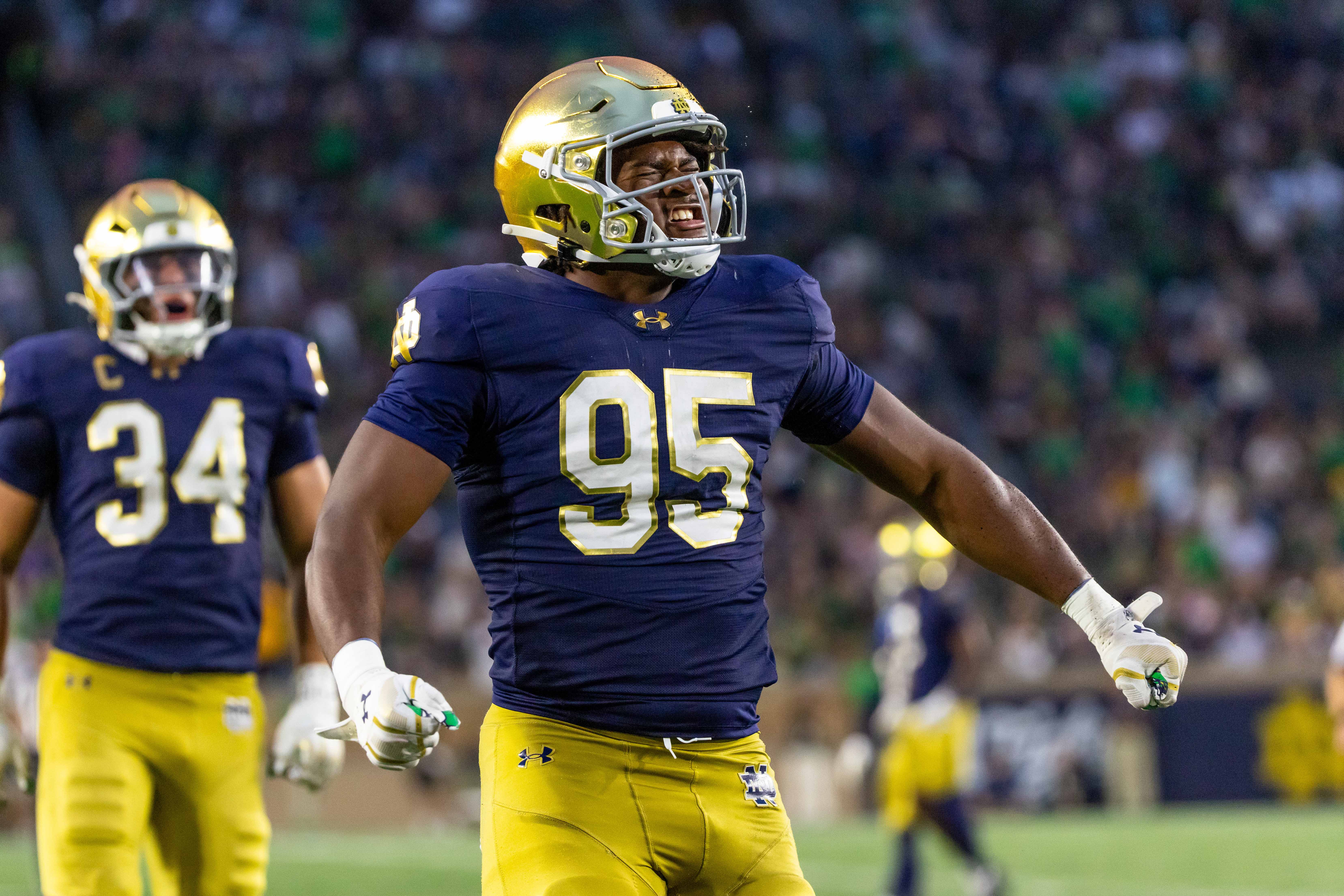 Sep 20, 2025; South Bend, Indiana, USA; A Notre Dame Fighting Irish defensive lineman Bryce Young (95) celebrates a sack against the Purdue Boilermakers during the second half at Notre Dame Stadium. Mandatory Credit: Michael Caterina-Imagn Images