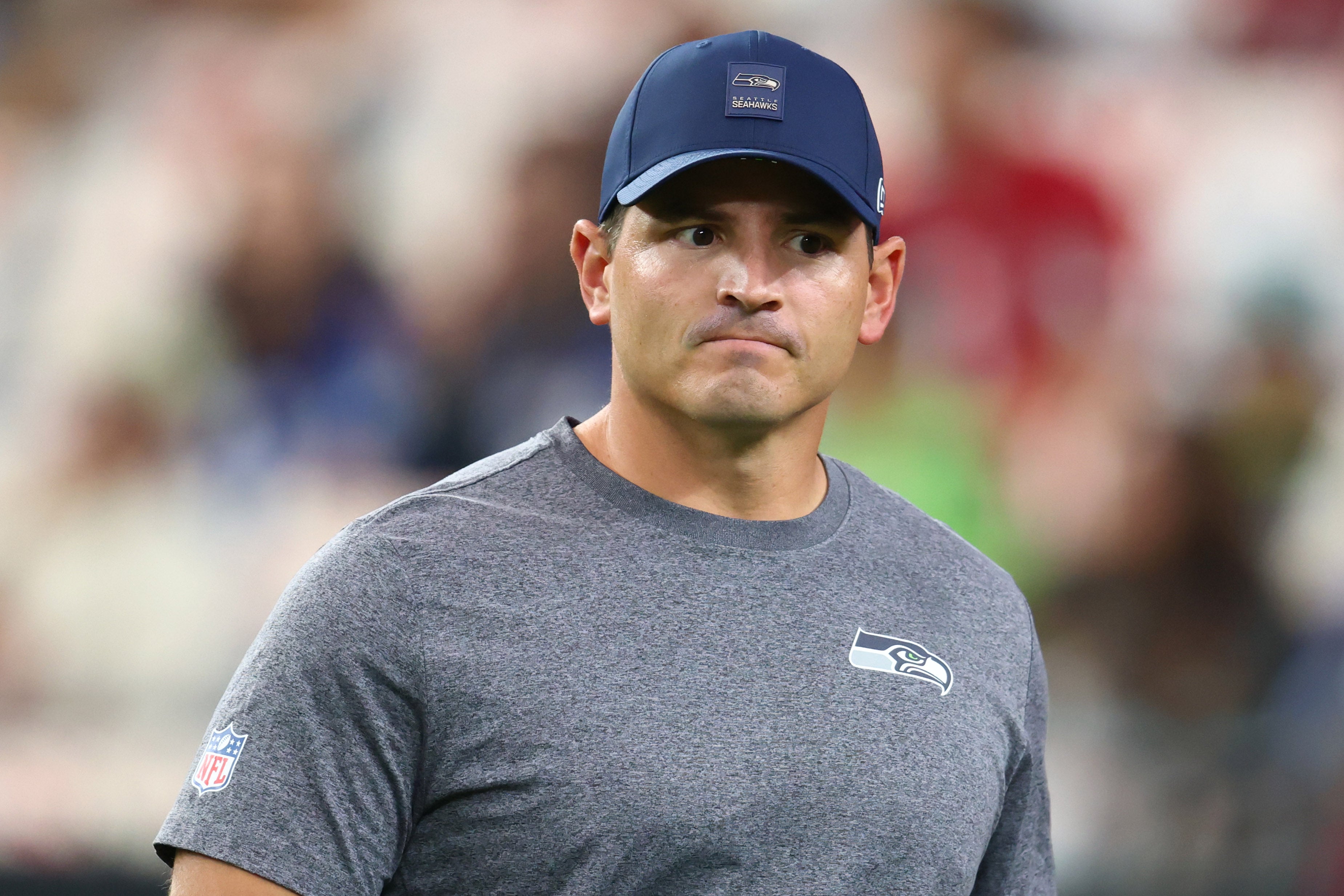Sep 25, 2025; Glendale, Arizona, USA; Seattle Seahawks head coach Mike Macdonald looks on before the game against the Arizona Cardinals at State Farm Stadium.