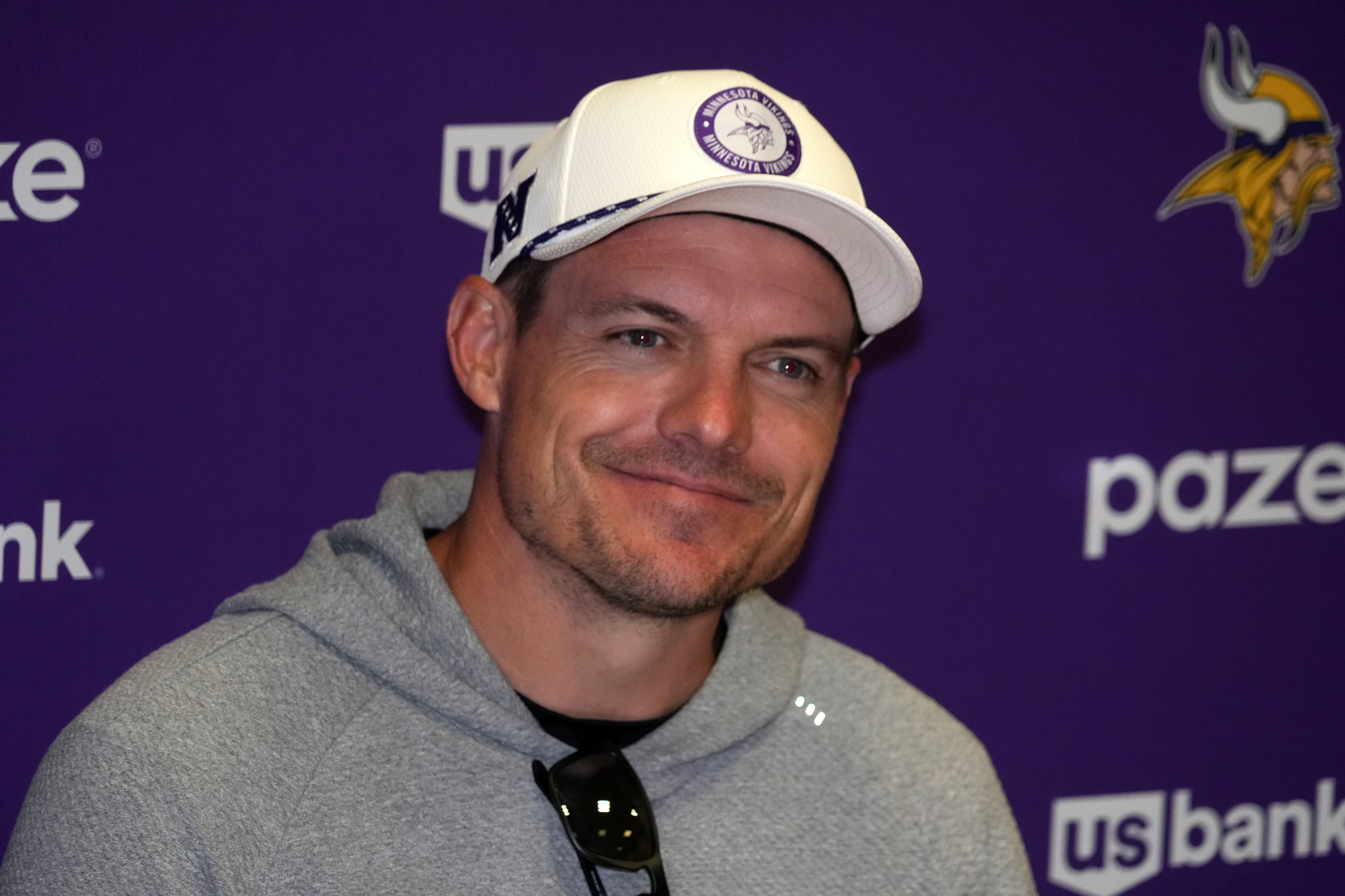 Sep 26, 2025; Dublin, Ireland; Minnesota Vikings coach Kevin O'Connell at press conference at Sport Ireland Campus.