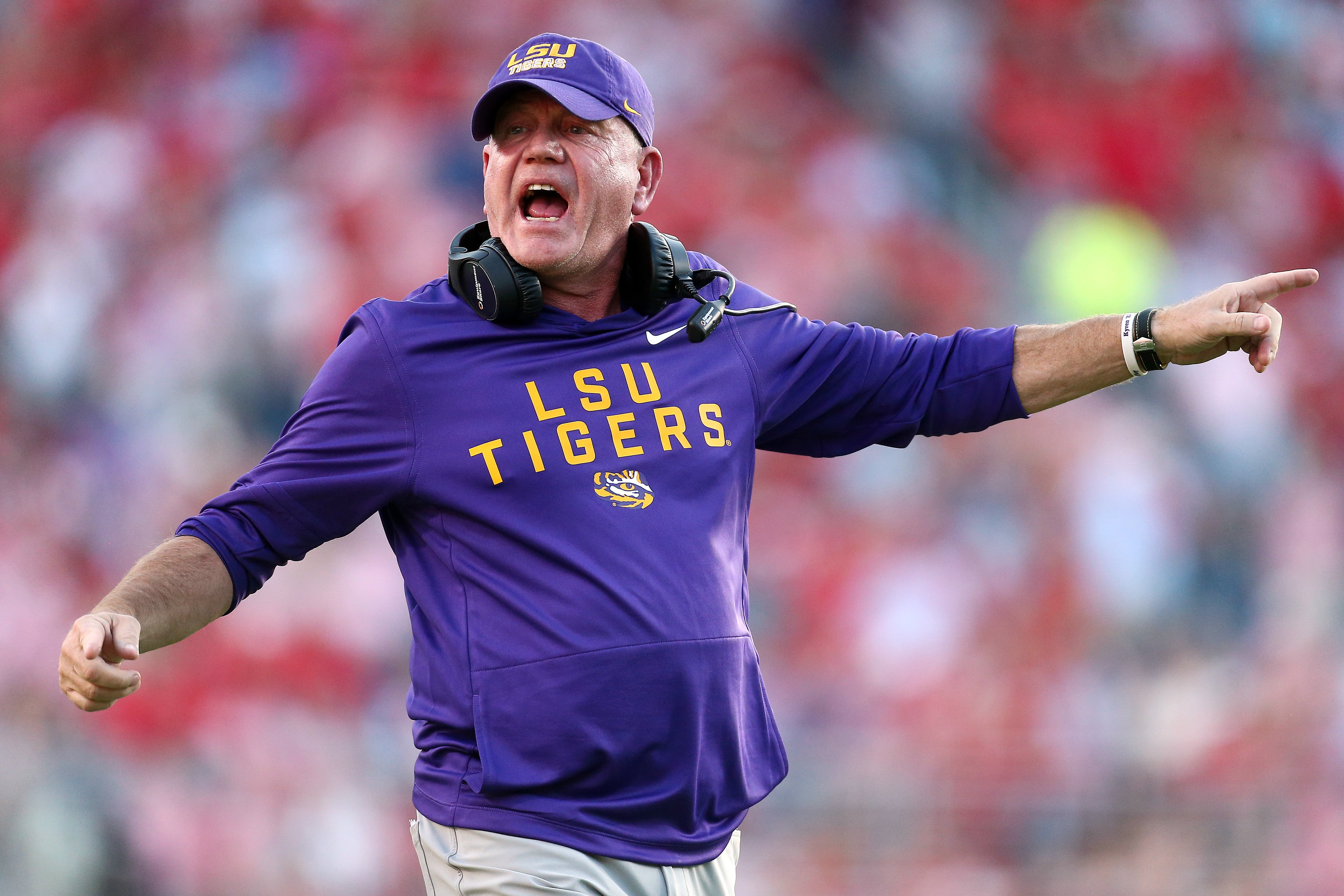 Sep 27, 2025; Oxford, Mississippi, USA; LSU Tigers head coach Brian Kelly reacts during the fourth quarter against the Mississippi Rebels at Vaught-Hemingway Stadium. Mandatory Credit: Petre Thomas-Imagn Images
