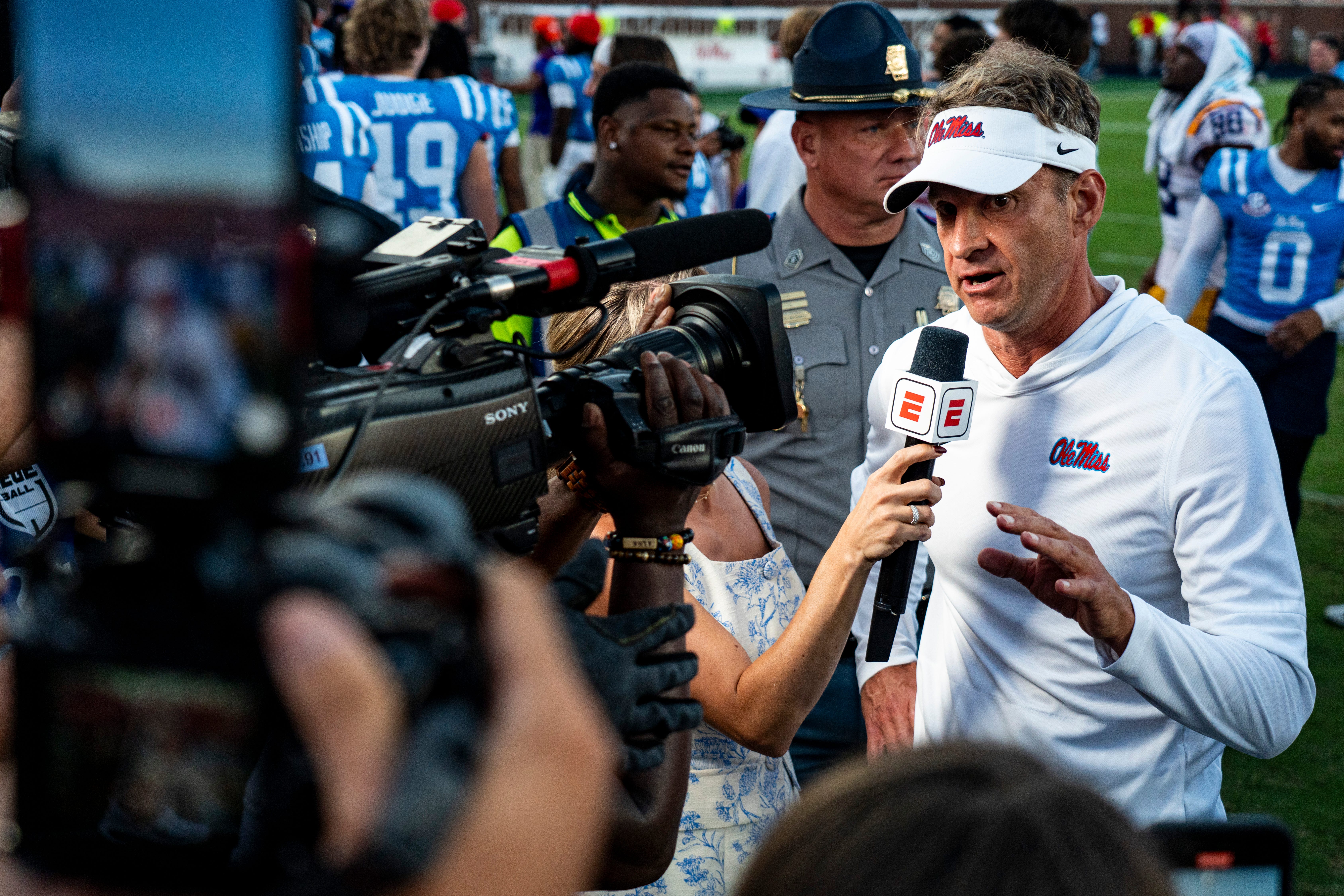 Ole Miss head coach Lane Kiffin takes questions from ESPN after a college football game between Ole Miss and LSU at Vaught-Hemingway Stadium in Oxford, Miss., on Saturday, Sept. 27, 2025. Ole Miss defeated LSU 24-19.