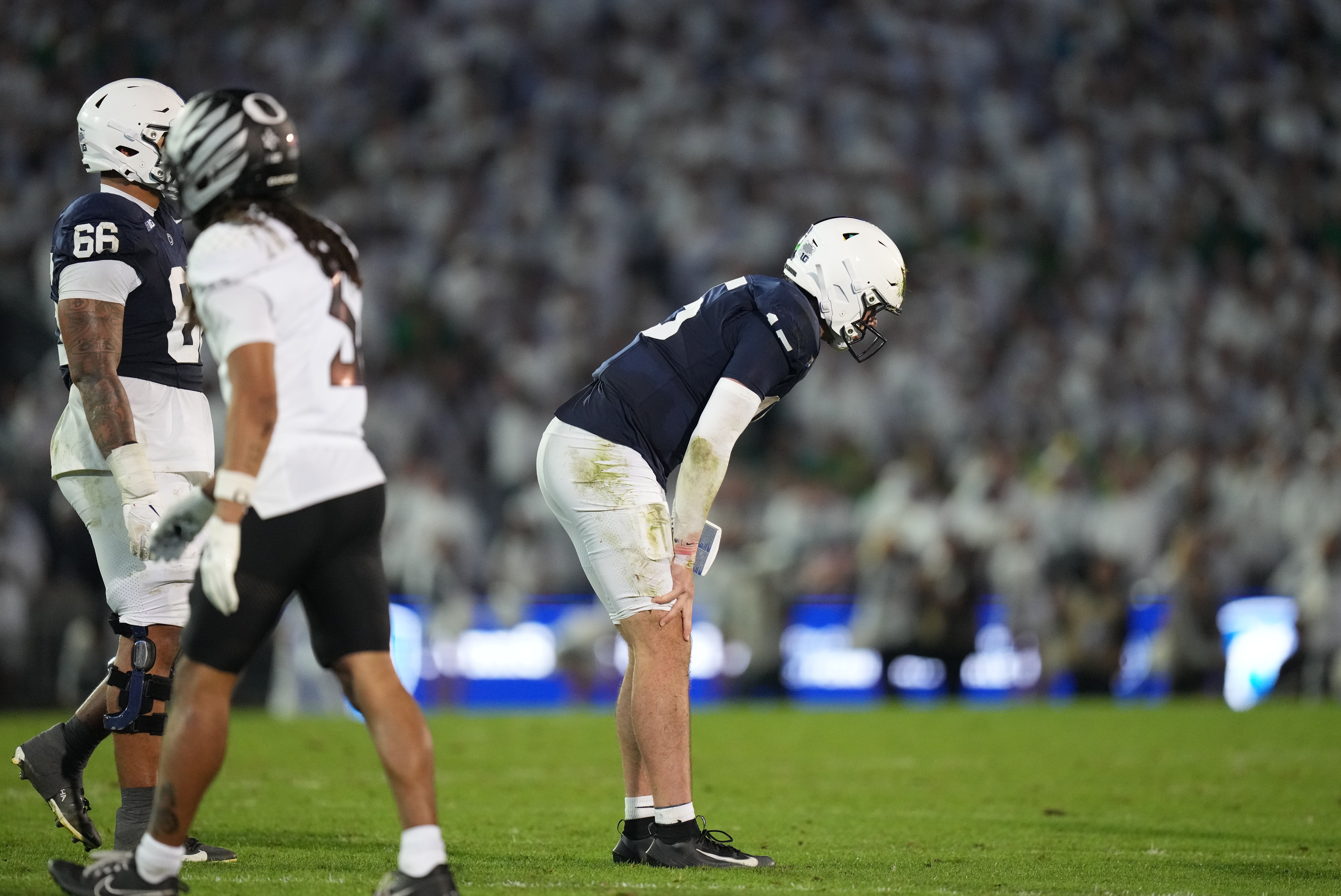 Sep 27, 2025; University Park, Pennsylvania, USA; Penn State Nittany Lions quarterback Drew Allar (15) reacts during the fourth quarter against the Oregon Ducks at Beaver Stadium.