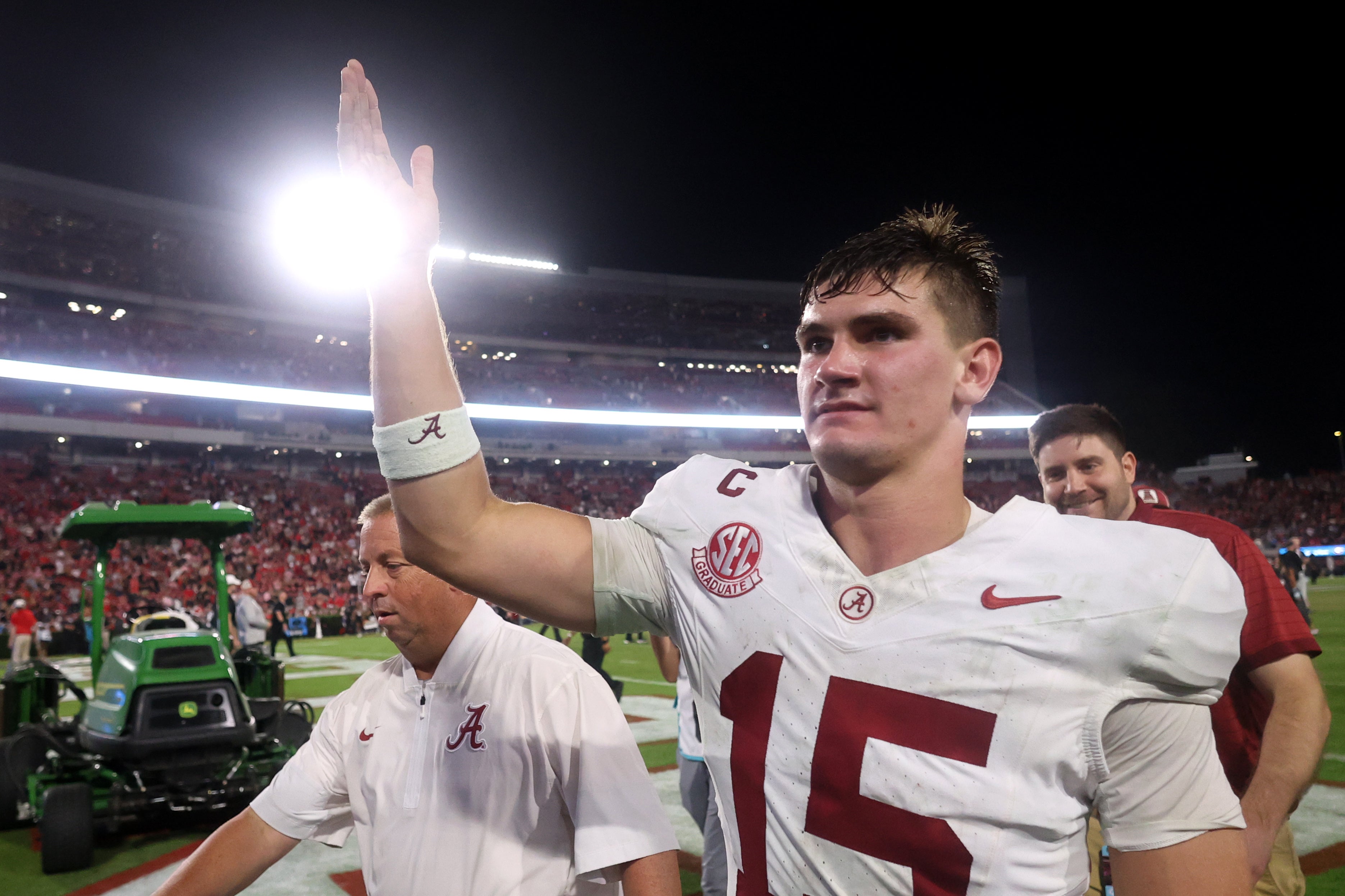 Sep 27, 2025; Athens, Georgia, USA; Alabama Crimson Tide quarterback Ty Simpson (15) celebrates after defeating the Georgia Bulldogs at Sanford Stadium.