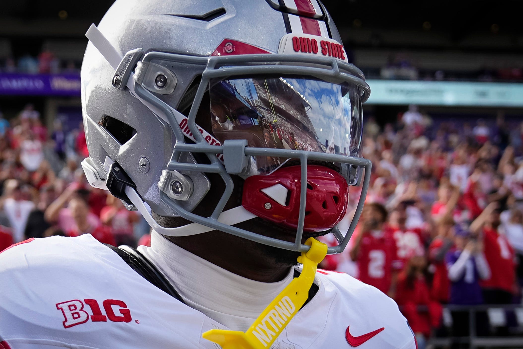 Ohio State Buckeyes safety Caleb Downs (2) takes the field for the NCAA football game against the Washington Huskies at Husky Stadium in Seattle on Sept. 27, 2025. Ohio State won 24-6.