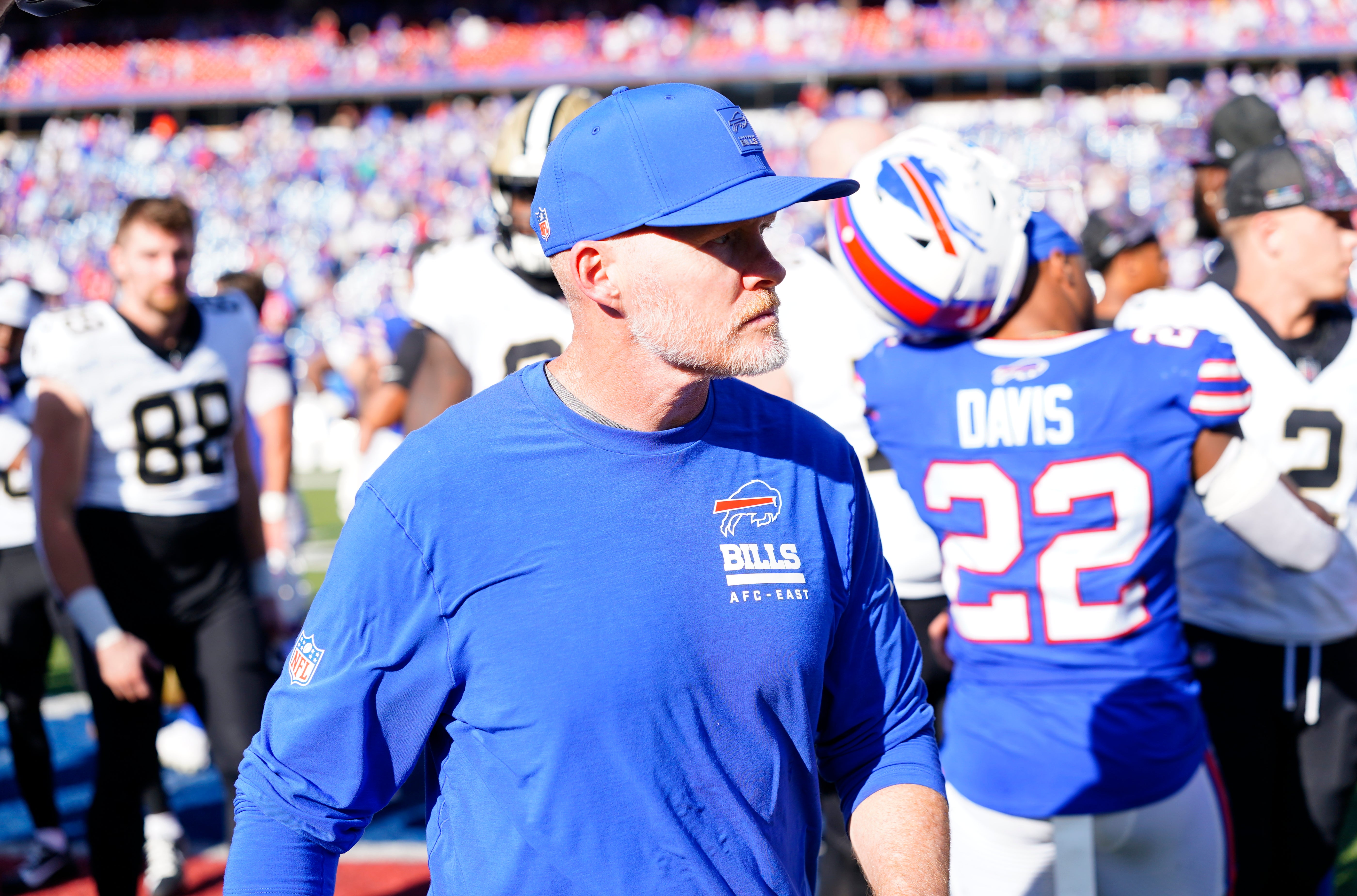 Sep 28, 2025; Orchard Park, New York, USA; Buffalo Bills head coach Sean McDermott following a win over the New Orleans Saints at Highmark Stadium.