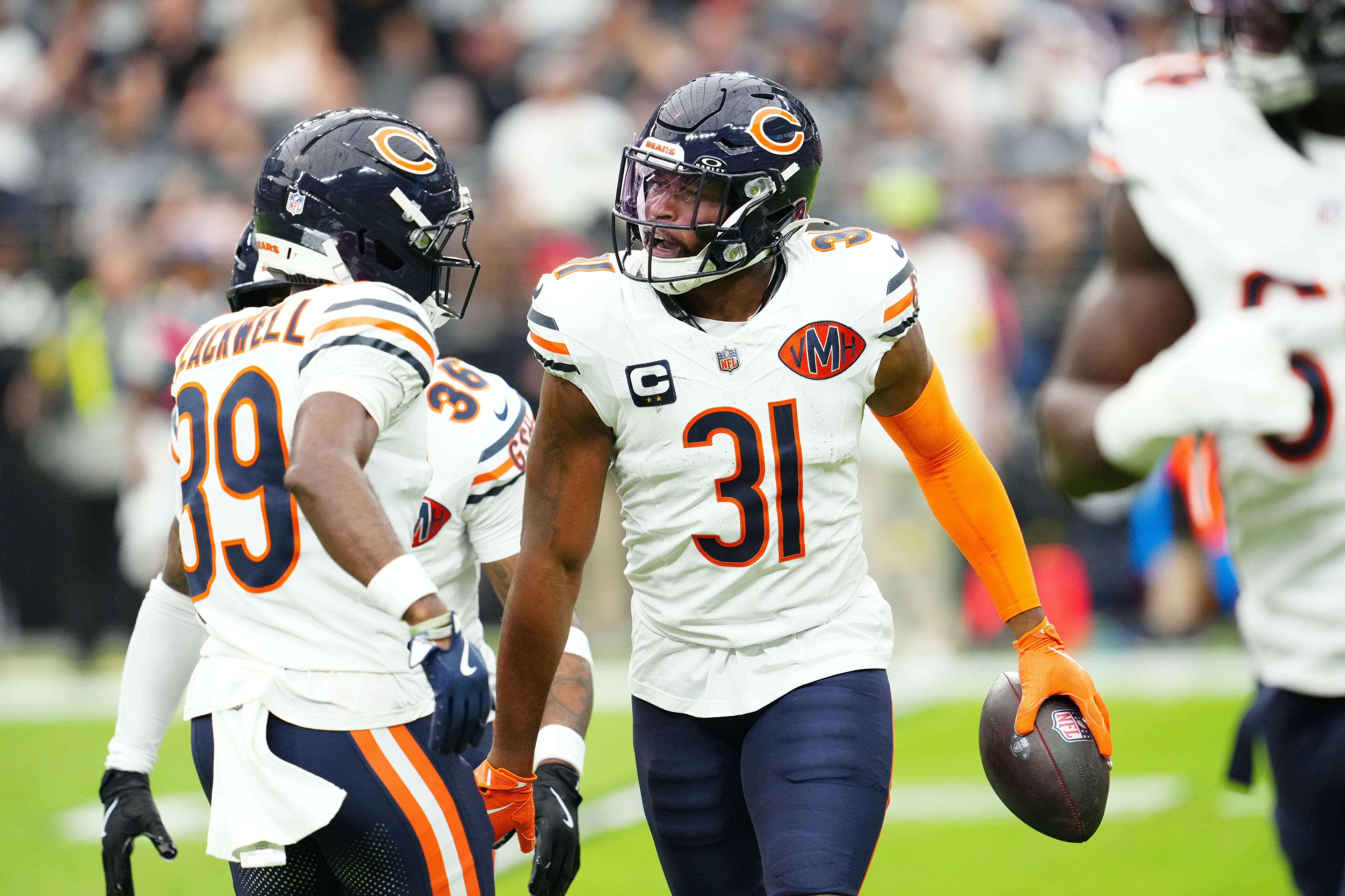 Sep 28, 2025; Paradise, Nevada, USA; Chicago Bears free safety Kevin Byard (31) celebrates during the first quarter against Las Vegas Raiders at Allegiant Stadium.