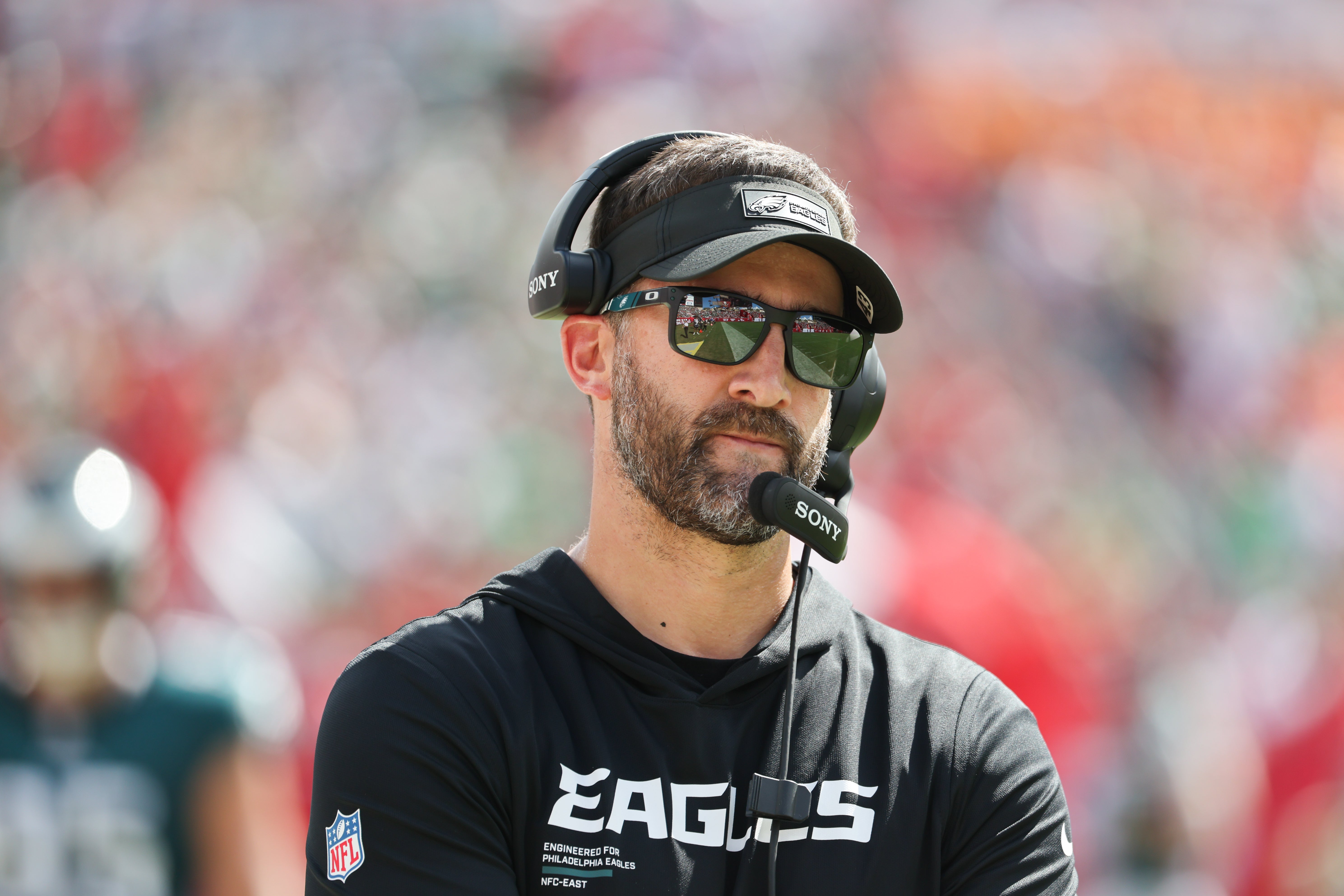Philadelphia Eagles head coach Nick Sirianni looks on during the second half against the Tampa Bay Buccaneers at Raymond James Stadium.