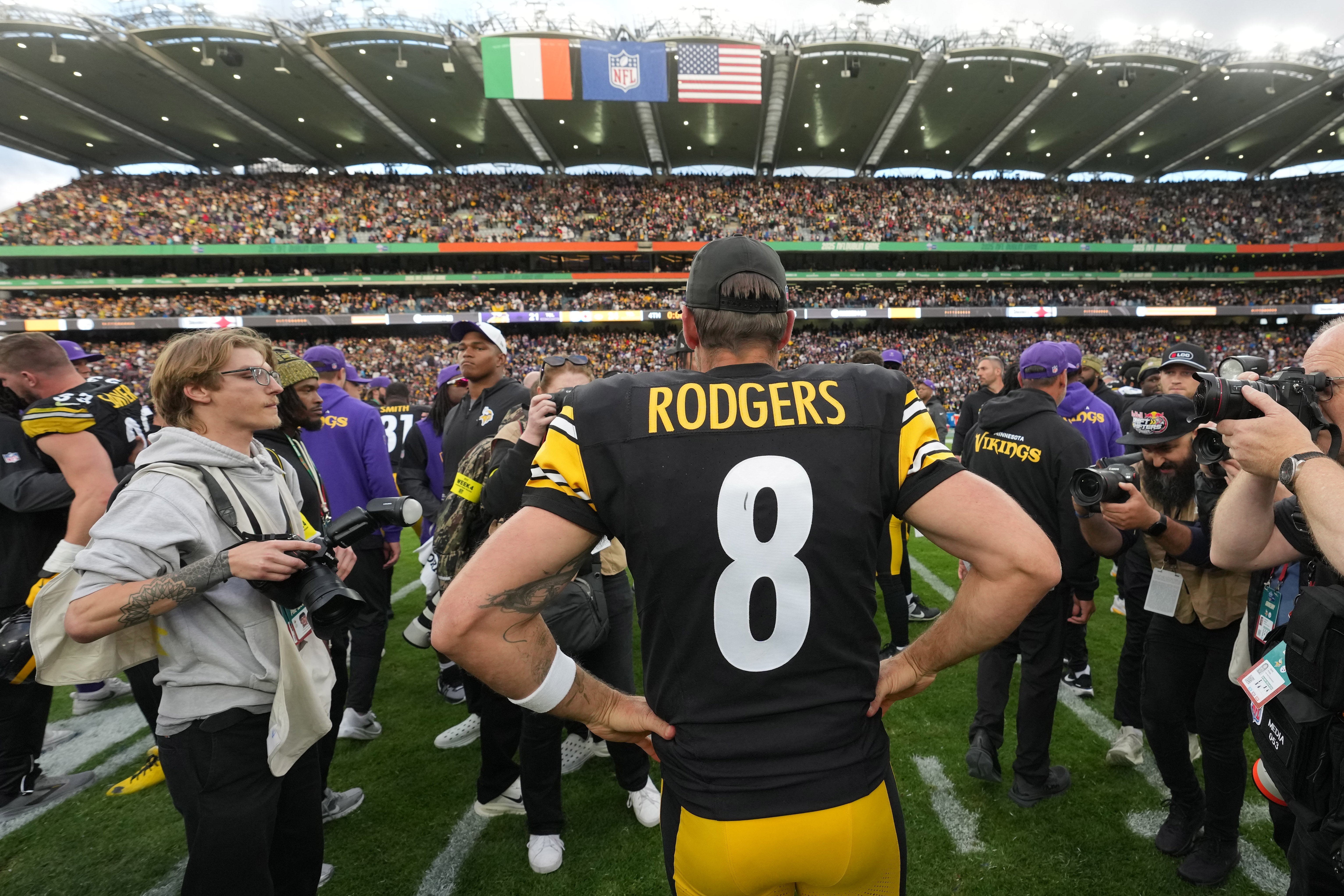 Sep 28, 2025; Dublin, Ireland; Pittsburgh Steelers quarterback Aaron Rodgers (8) reacts after an NFL International Series game against the Minnesota Vikings