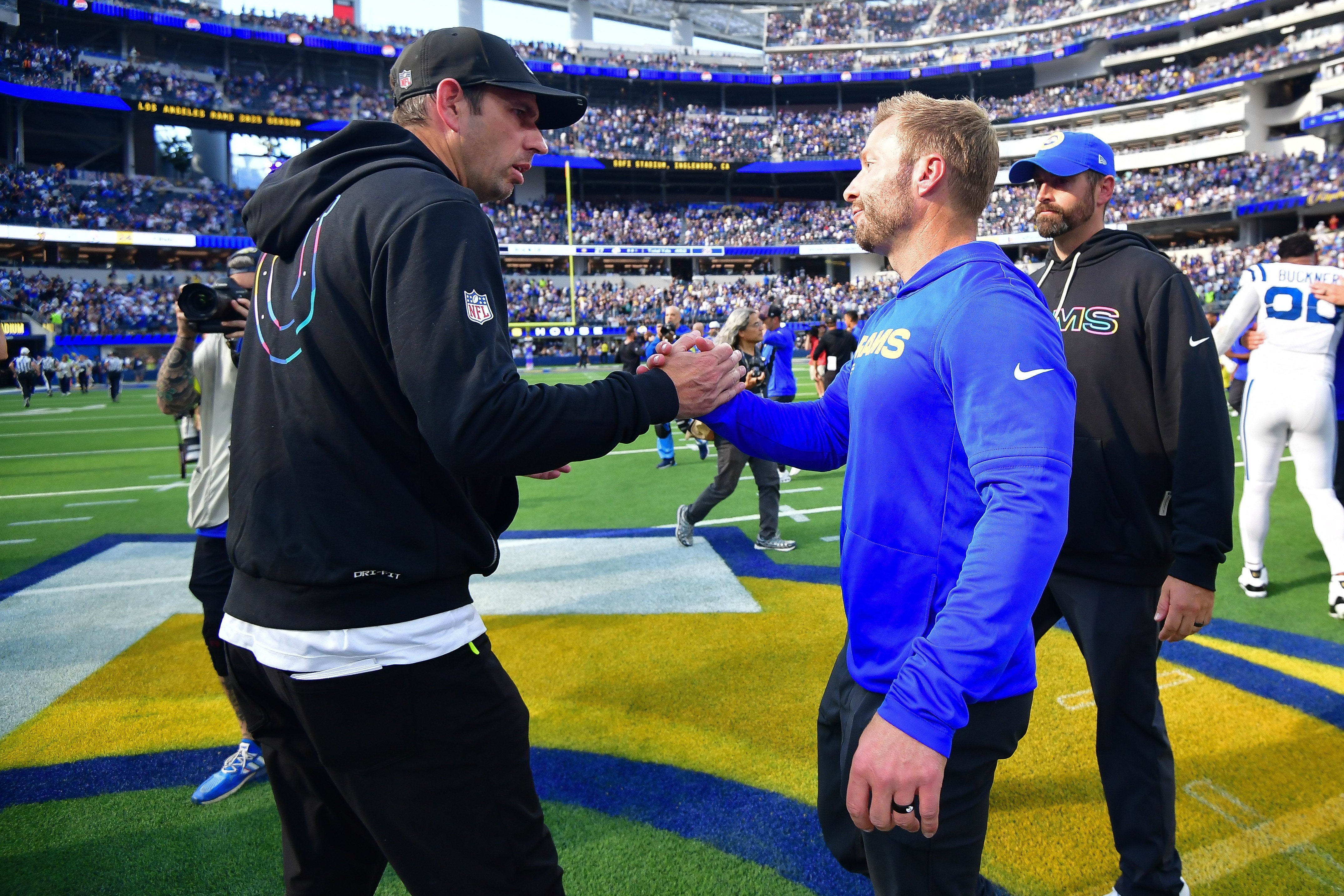 Colts head coach Shane Steichen and Rams head coach Sean McVay shake hands after their Week 4 matchup