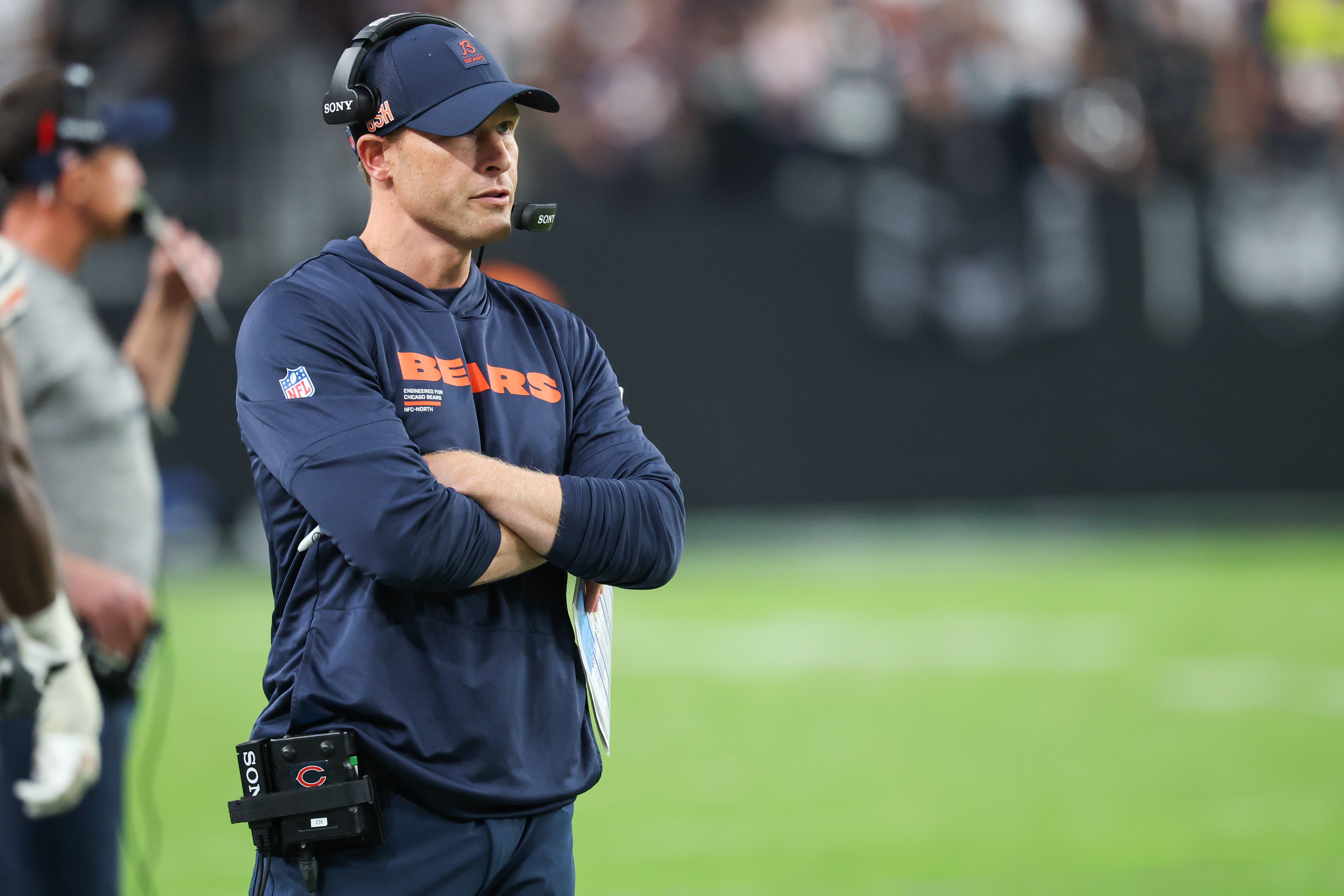 Sep 28, 2025; Paradise, Nevada, USA; Chicago Bears head coach Ben Johnson looks on from the sideline during the second half against the Las Vegas Raiders at Allegiant Stadium.