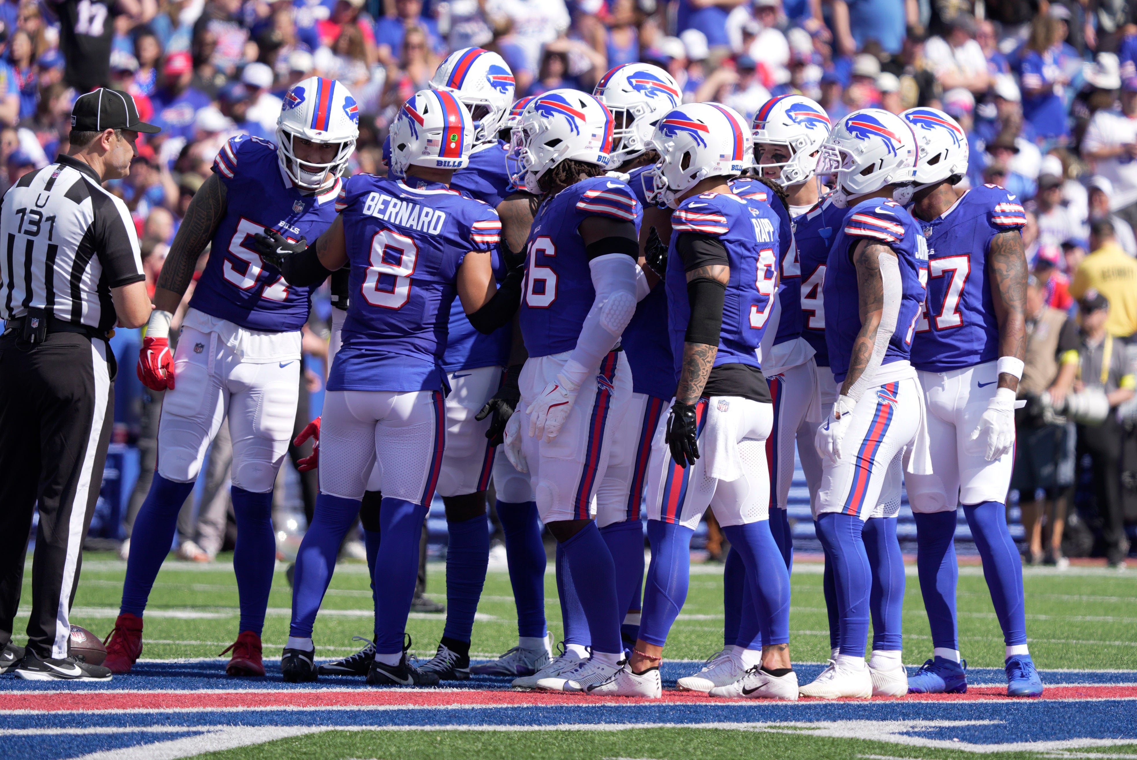 Buffalo Bills linebacker Terrel Bernard addresses the defensive line in the huddle during first half action of the Bills home game against the New Orleans Saints in Orchard Park on Sept. 28, 2025.