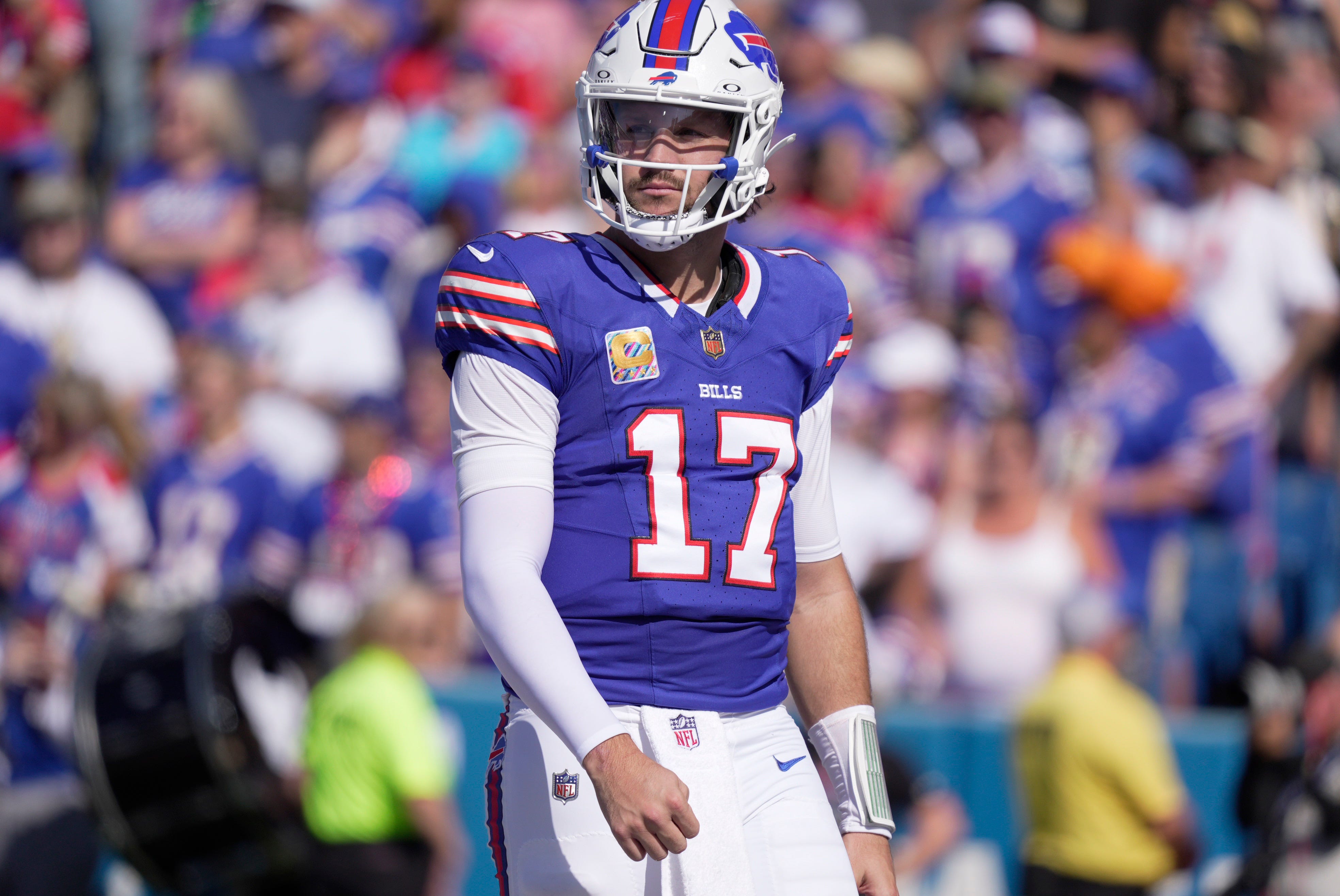 Buffalo Bills quarterback Josh Allen turns and looks towards the coaches at the end of the play during first half action of the Bills home game against the New Orleans Saints in Orchard Park on Sept. 28, 2025.