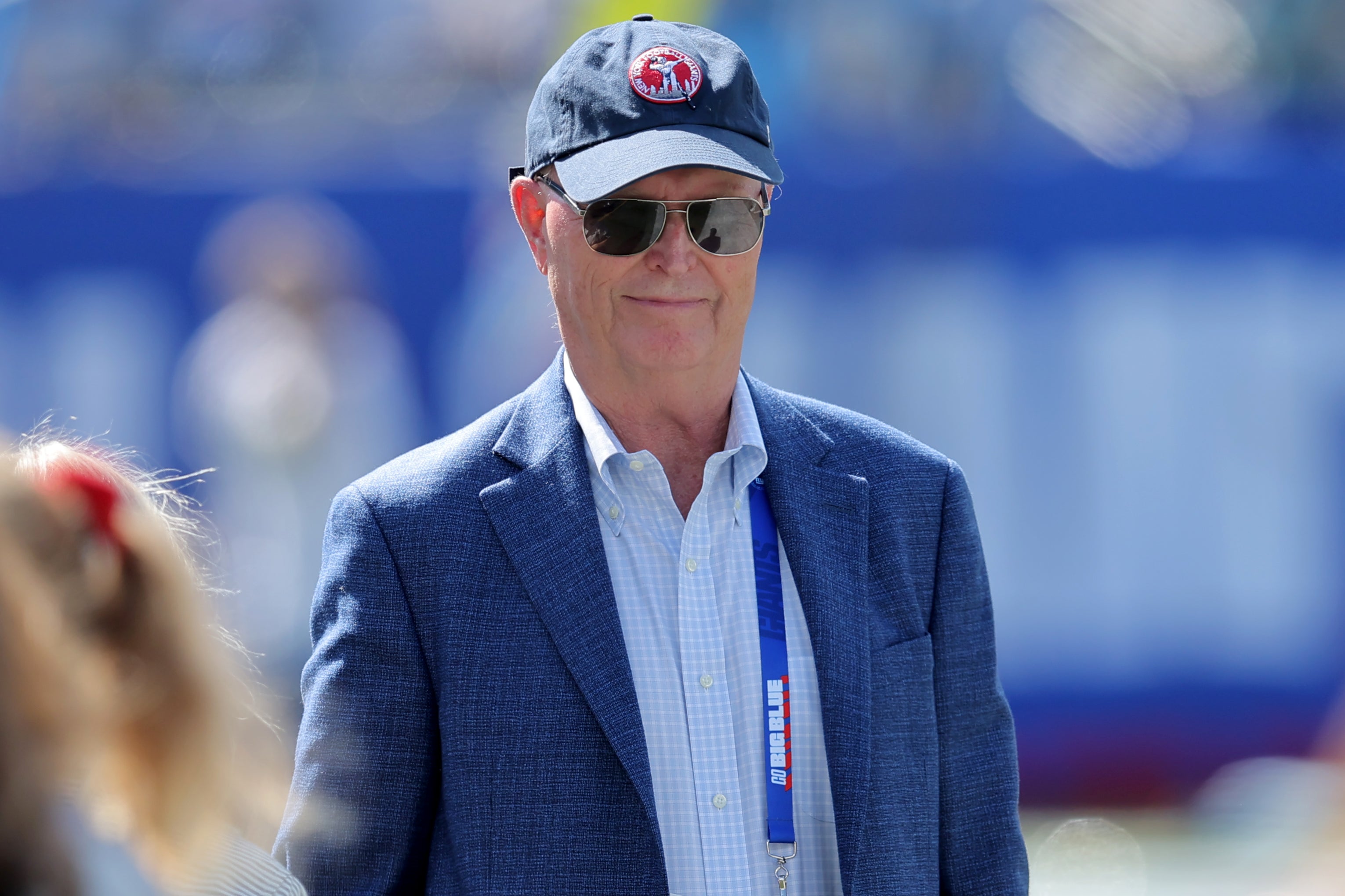Sep 28, 2025; East Rutherford, New Jersey, USA; New York Giants co-owner John Mara on the field before a game against the Los Angeles Chargers at MetLife Stadium.