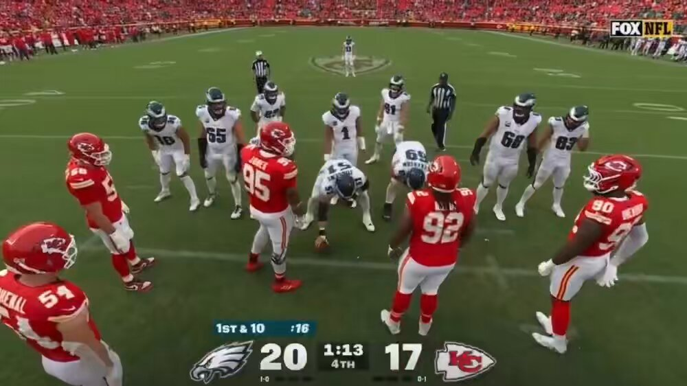 Kansas City Chiefs defender Chris Jones talks smack to Philadelphia Eagles QB Jalen Hurts.