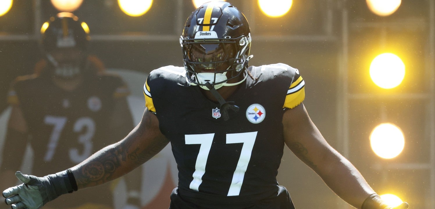 Sep 14, 2025; Pittsburgh, Pennsylvania, USA; Pittsburgh Steelers offensive tackle Broderick Jones (77) reacts as he takes the field against the Seattle Seahawks at Acrisure Stadium.
