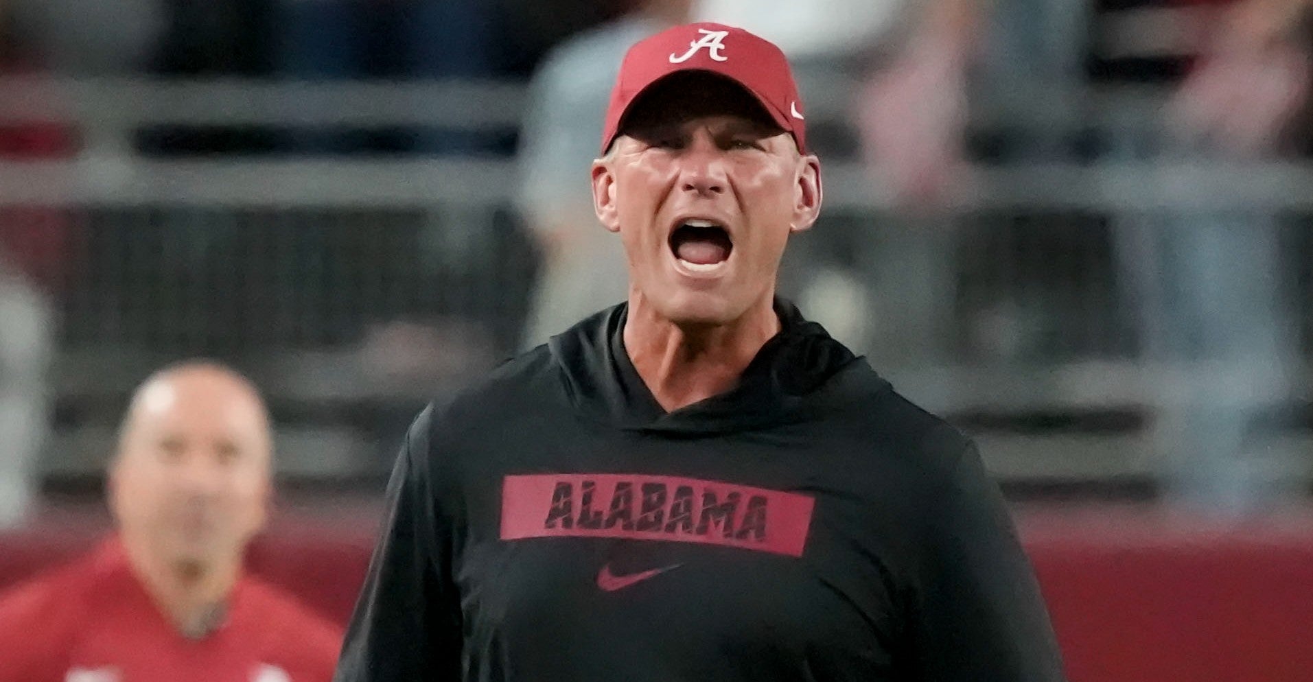 Oct 18, 2025; Tuscaloosa, Alabama, USA; Alabama Crimson Tide head coach Kalen DeBoer yells at officials after a personal foul call against Alabama during the second quarter against the Tennessee Volunteers at Saban Field at Bryant-Denny Stadium.