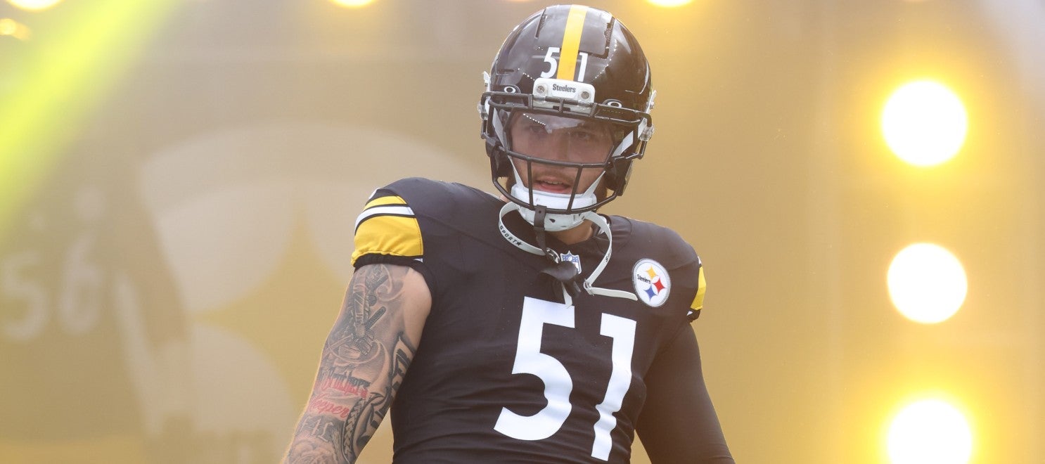 Oct 12, 2025; Pittsburgh, Pennsylvania, USA; Pittsburgh Steelers linebacker Nick Herbig (51) reacts as he takes the field against the Cleveland Browns at Acrisure Stadium