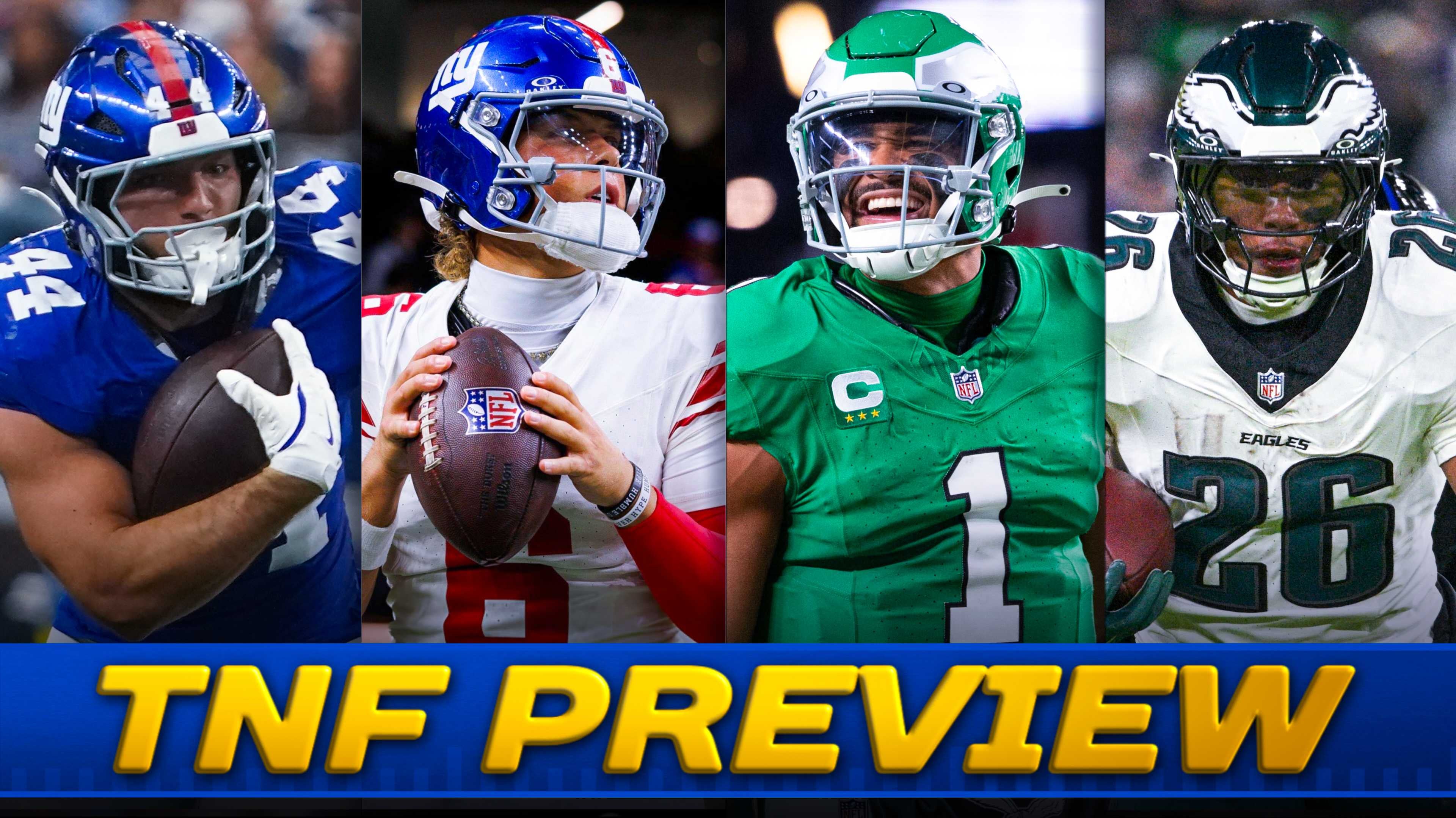Giants QB Jaxson Dart RB Cam Skattebo Eagles QB Jalen Hurts RB Saquon Barkley