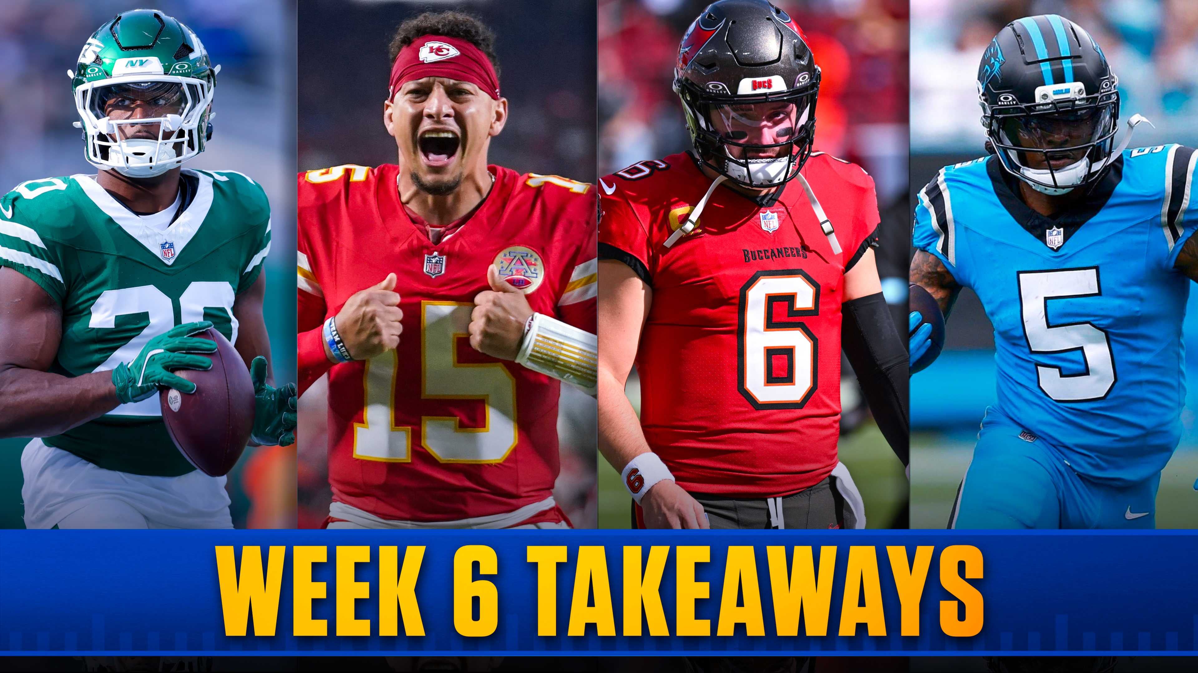 Patrick Mahomes, Baker Mayfield, Breece Hall, Rico Dowdle