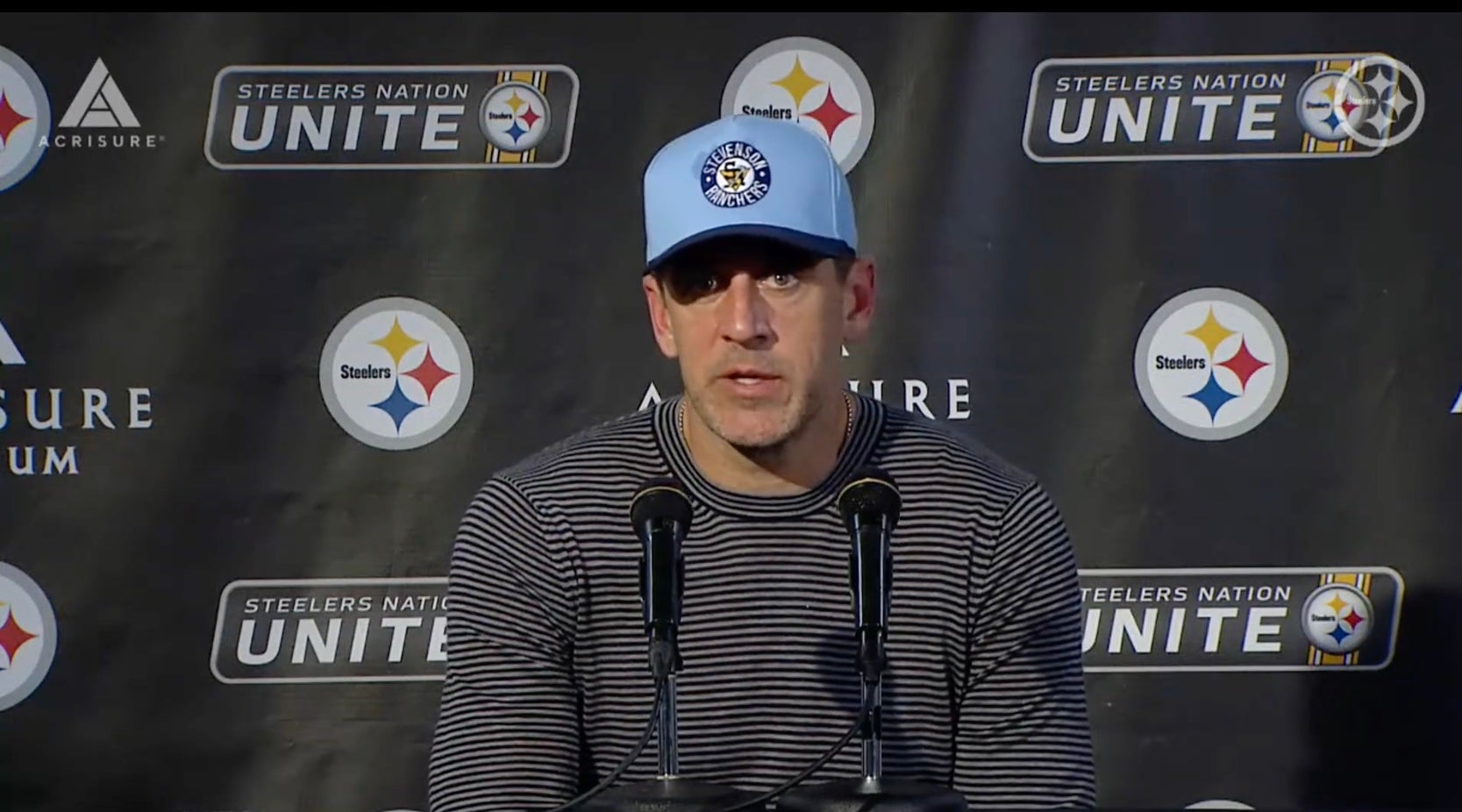 Pittsburgh Steelers QB Aaron Rodgers speaks to the media following 35-25 loss vs. Green Bay Packers, 10/26/25.