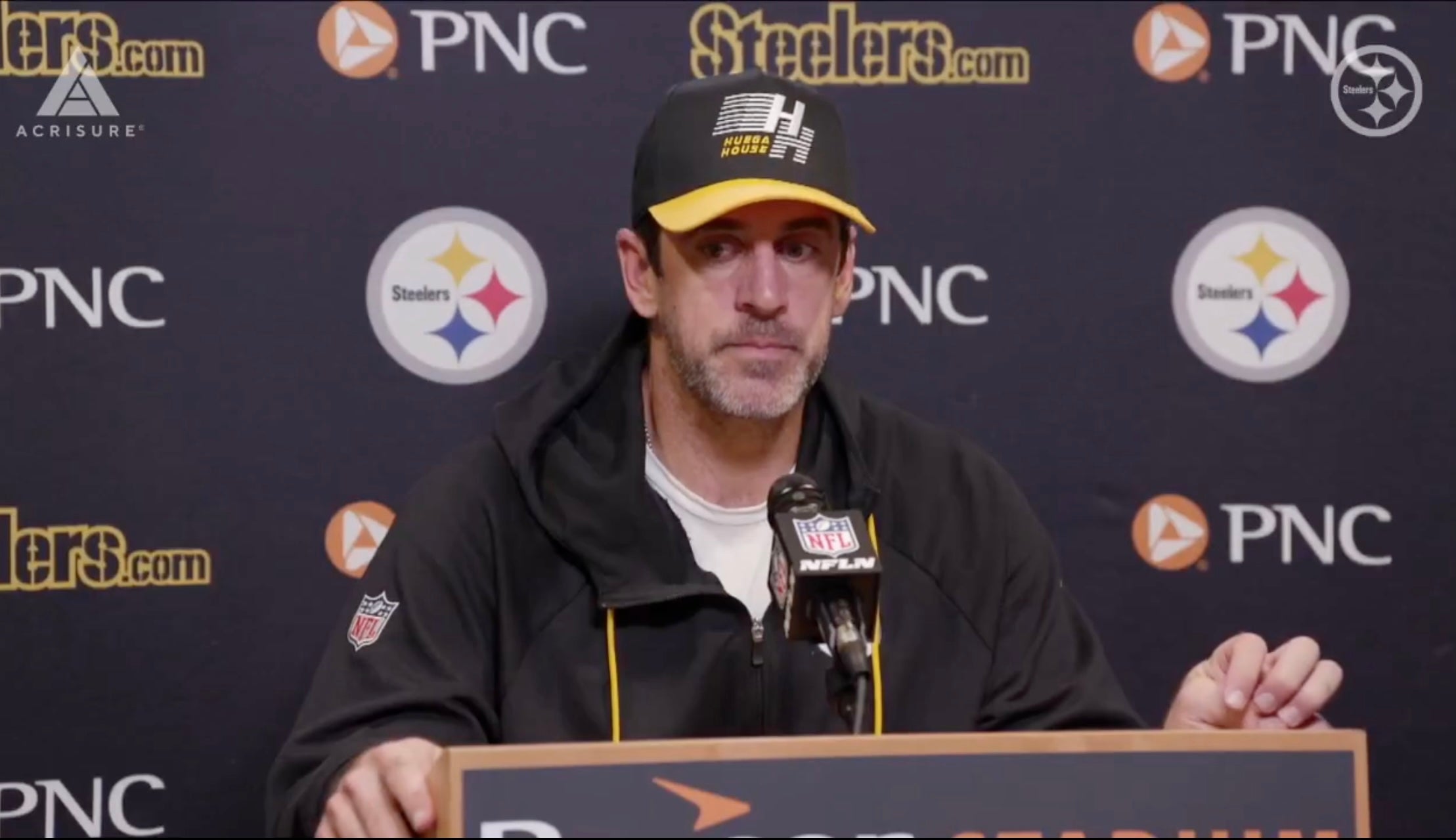 Pittsburgh Steelers quarterback Aaron Rodgers speaks to teh media following 33-31 loss against the Bengals, 10/16/25