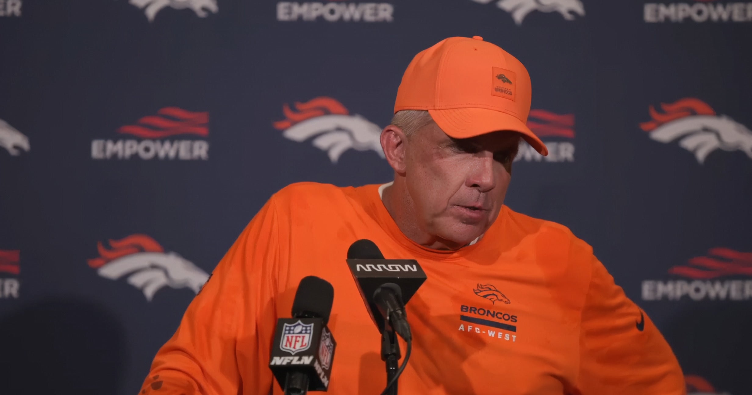 Denver Broncos head coach Sean Payton speaks to the media about quarterback Bo Nix's performance after thrilling Week 5 win vs. Eagles