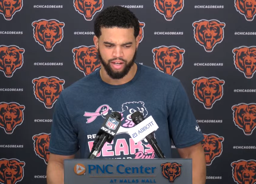 Caleb Williams speaks with reporters ahead of Week 7.