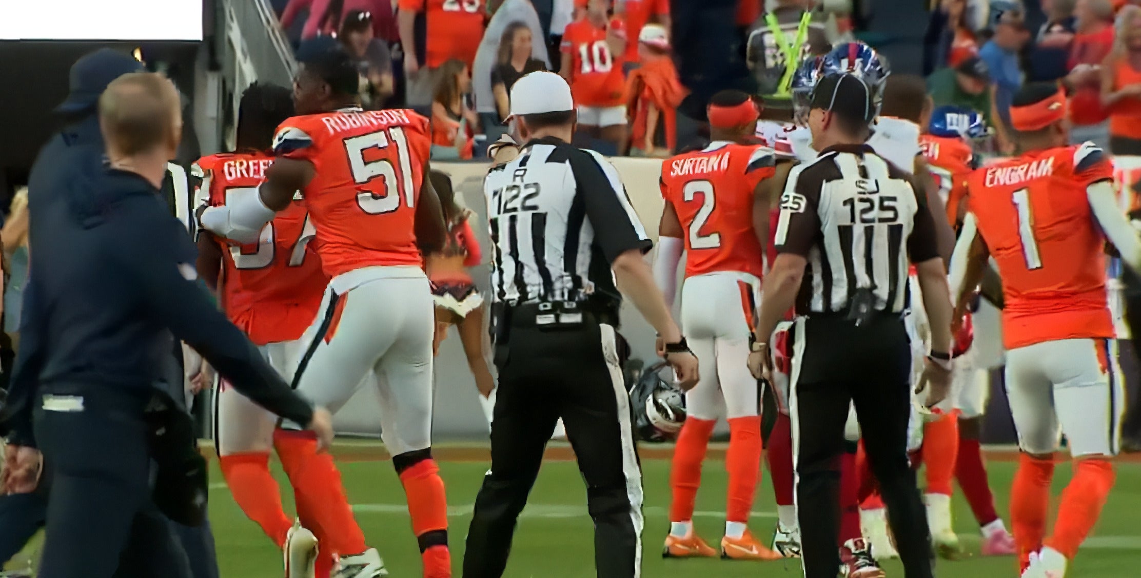 Denver Broncos linebacker Dre Greenlaw gets into confrontation with referee after comeback win vs. New York Giants, issued suspension by the NFL
