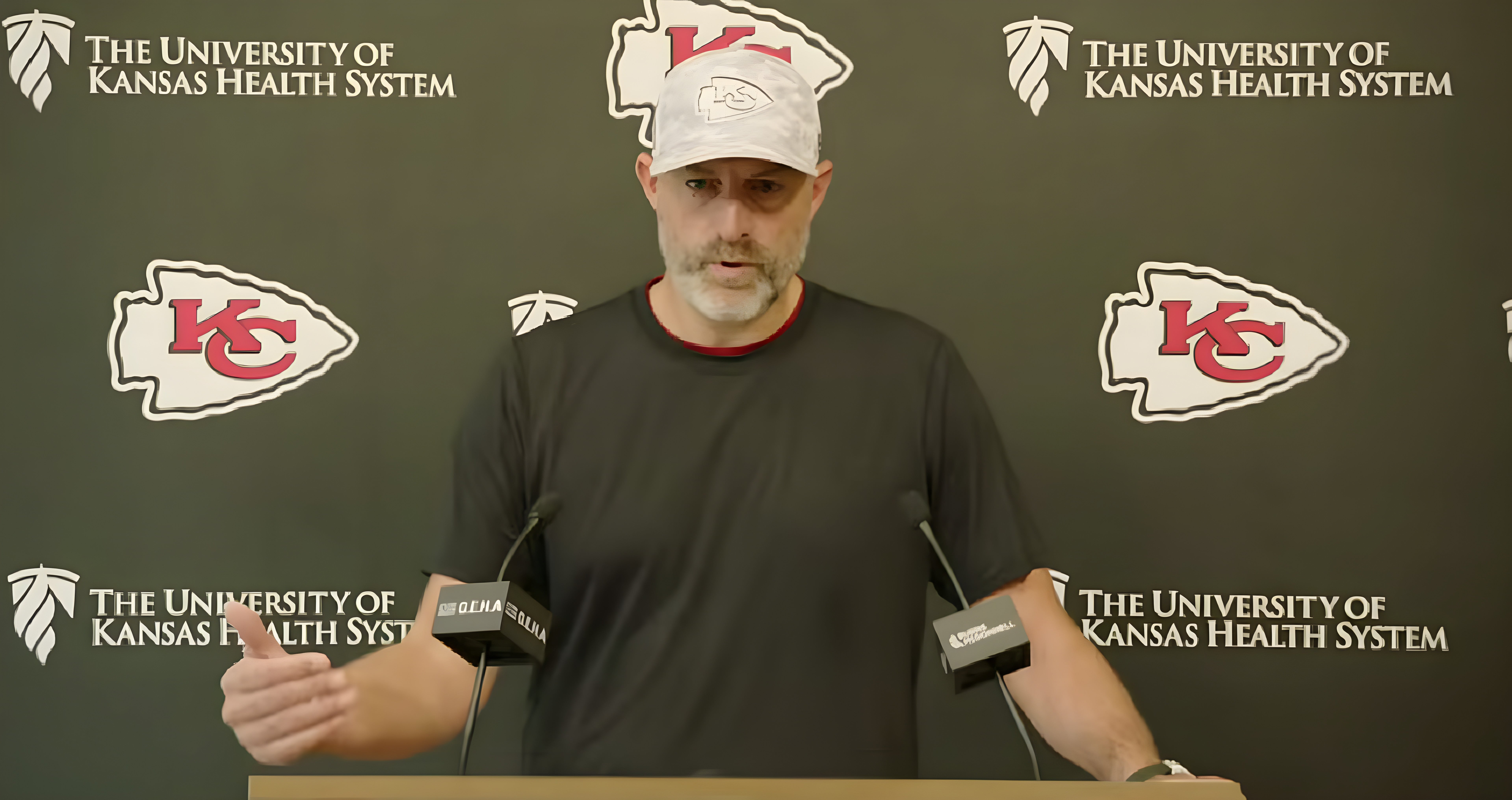 Kansas City Chiefs offensive coordinator Matt Nagy addresses the media.