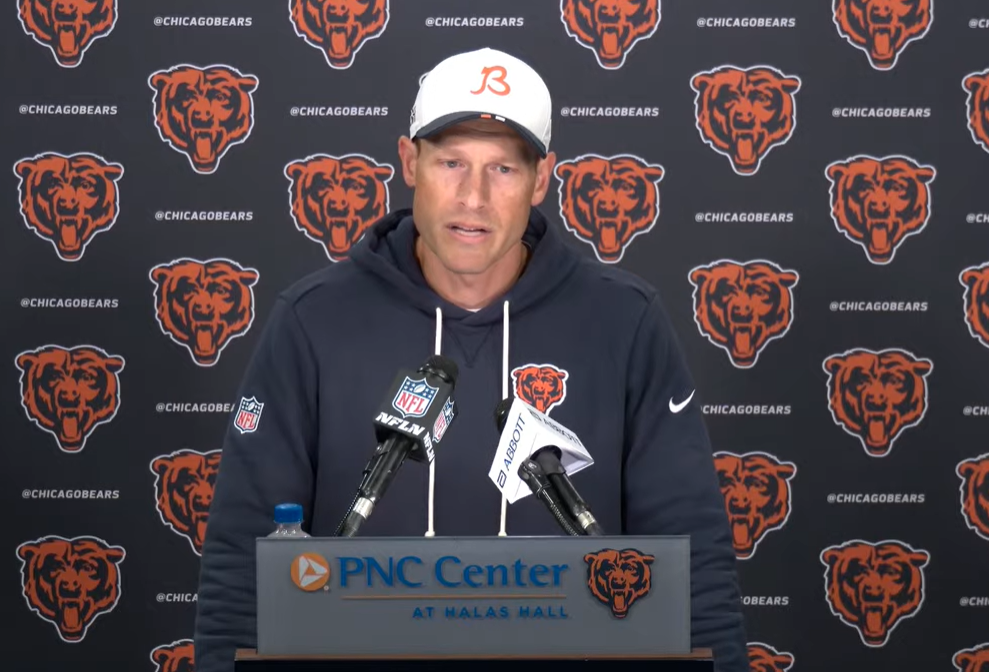 Ben Johnson speaks with the media at Halas Hall ahead of Week 9.